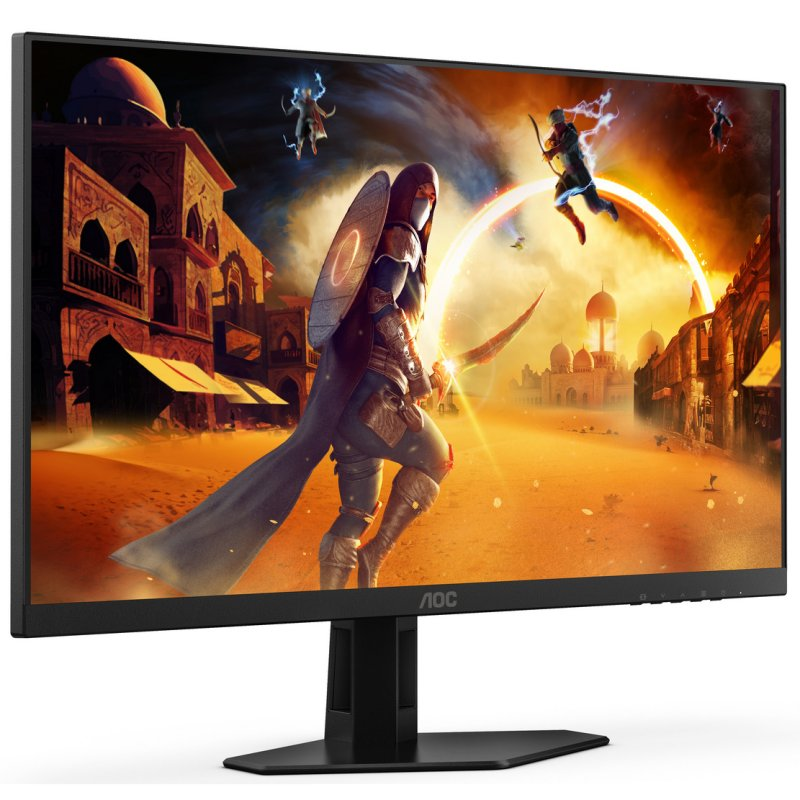 Monitor de juegos que muestra una escena de fantasía con un guerrero y otras figuras.