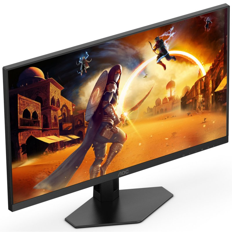 Monitor AOC con una escena de juego de fantasía mostrada en la pantalla.