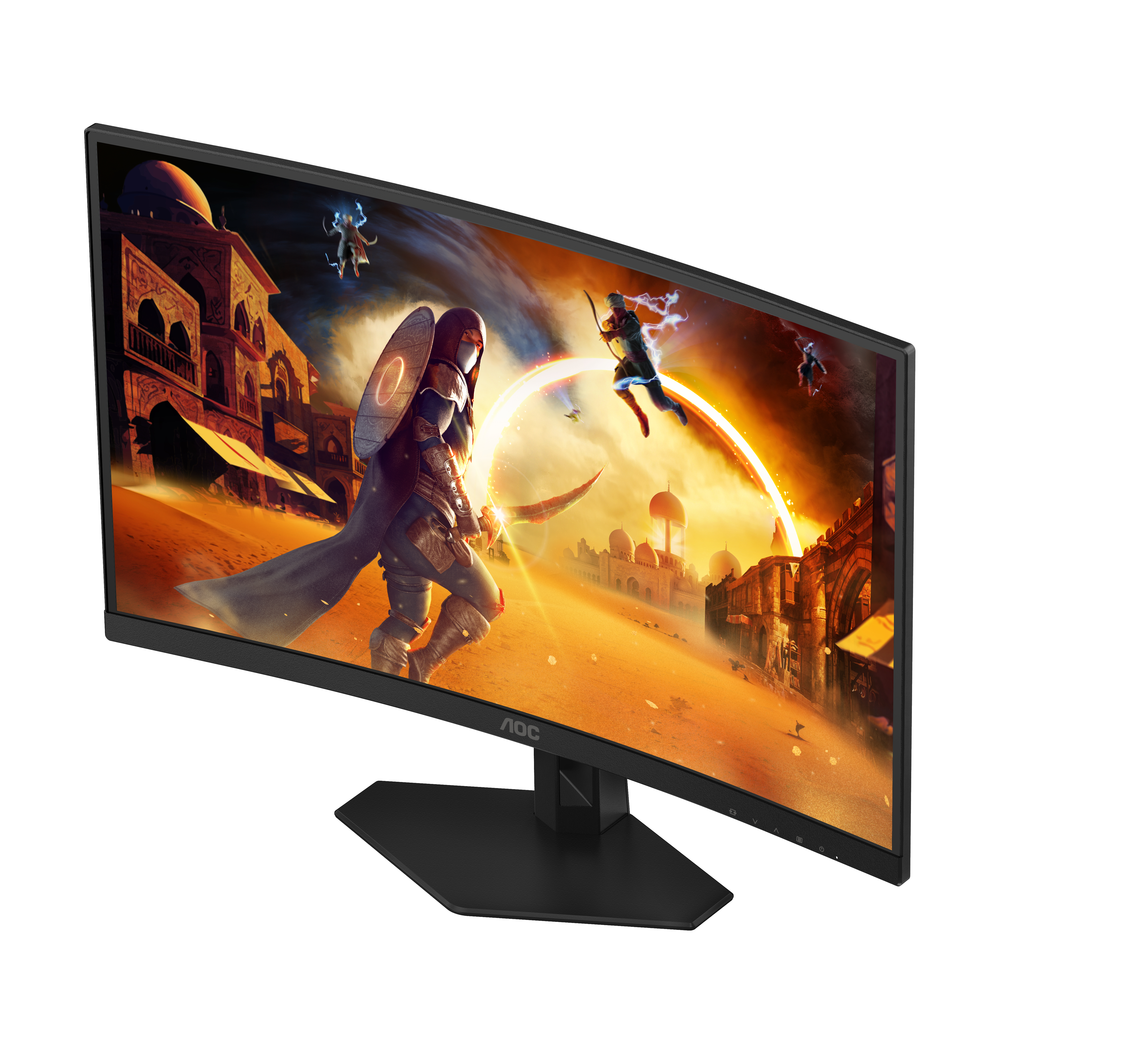 Monitor de juegos curvo mostrando una escena de fantasía con guerreros, edificios y entorno desértico.