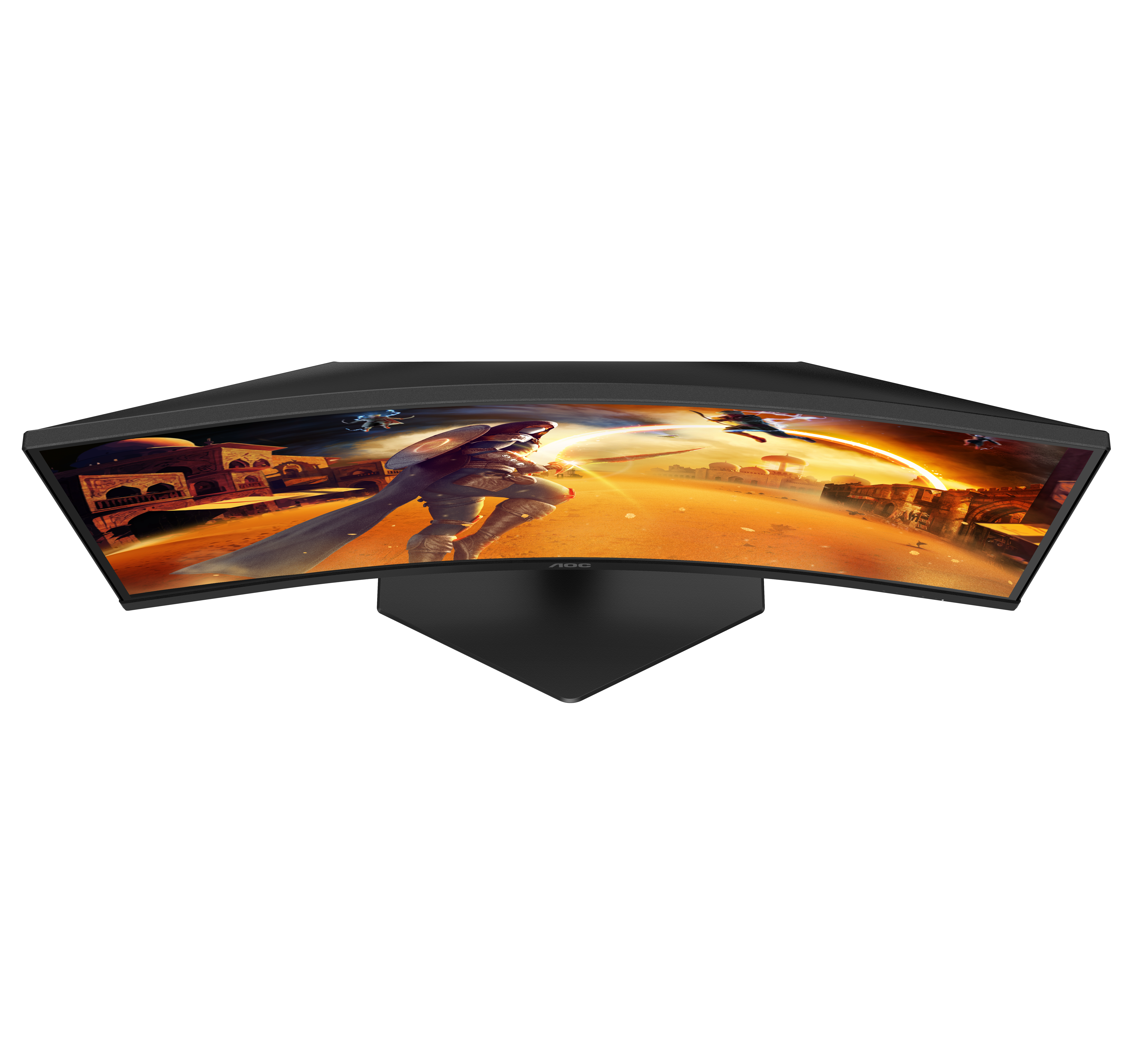 Monitor curvo con una escena de juego mostrada, mirando hacia arriba, base negra y logotipo de AOC.