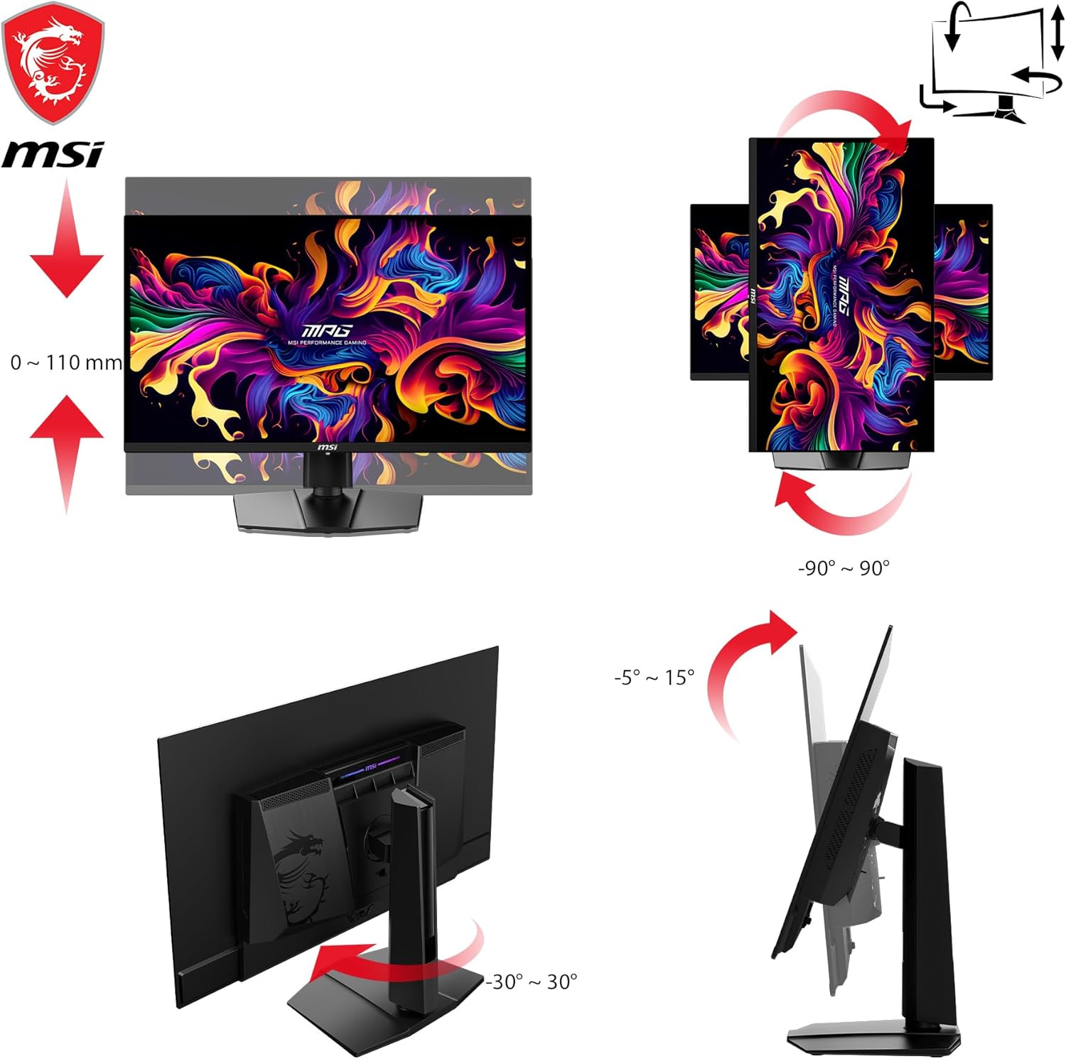 Monitor MSI con varios ajustes y funciones demostradas.