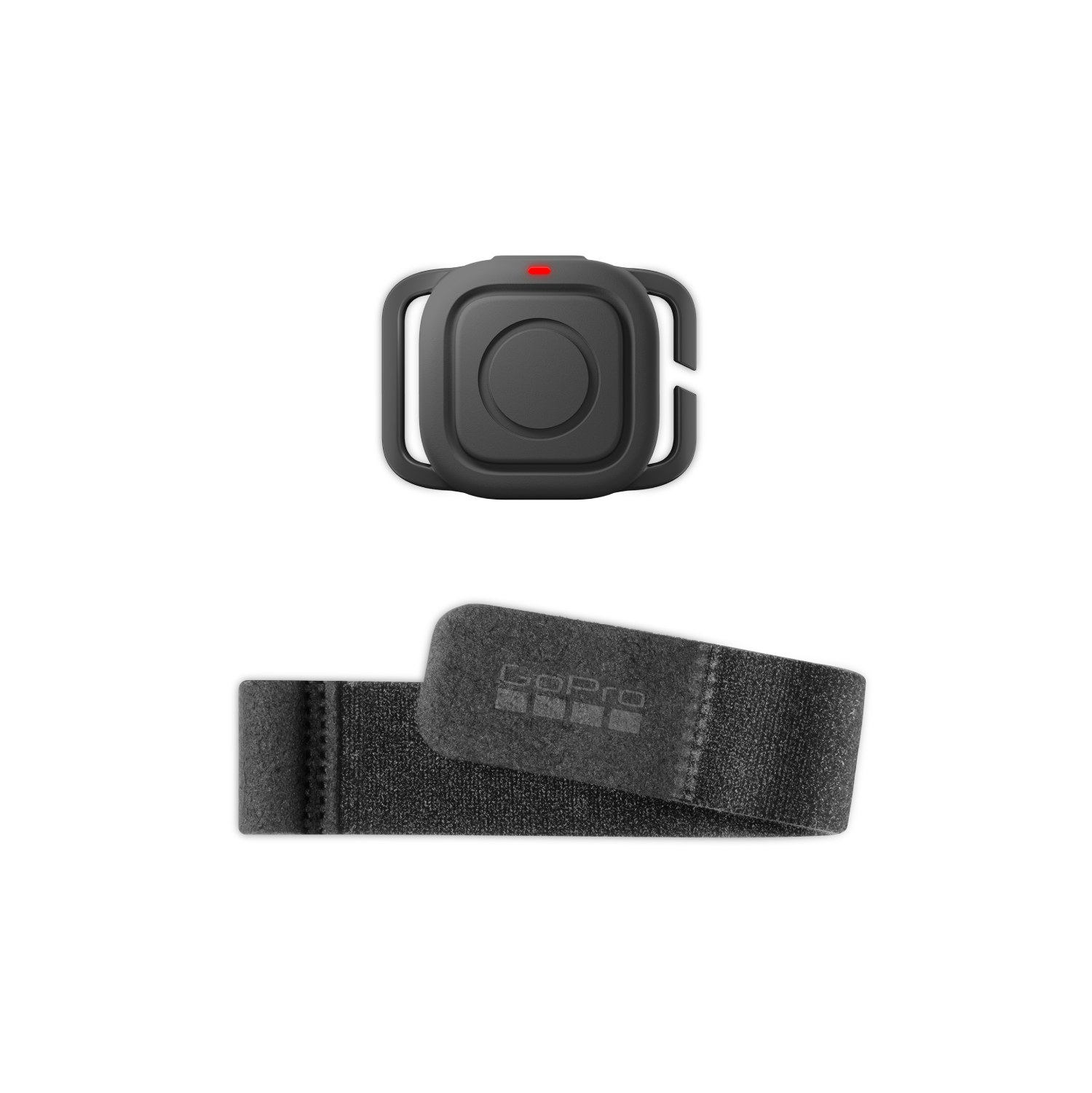 Control remoto GoPro y correa para la muñeca. El control es negro con una luz roja.