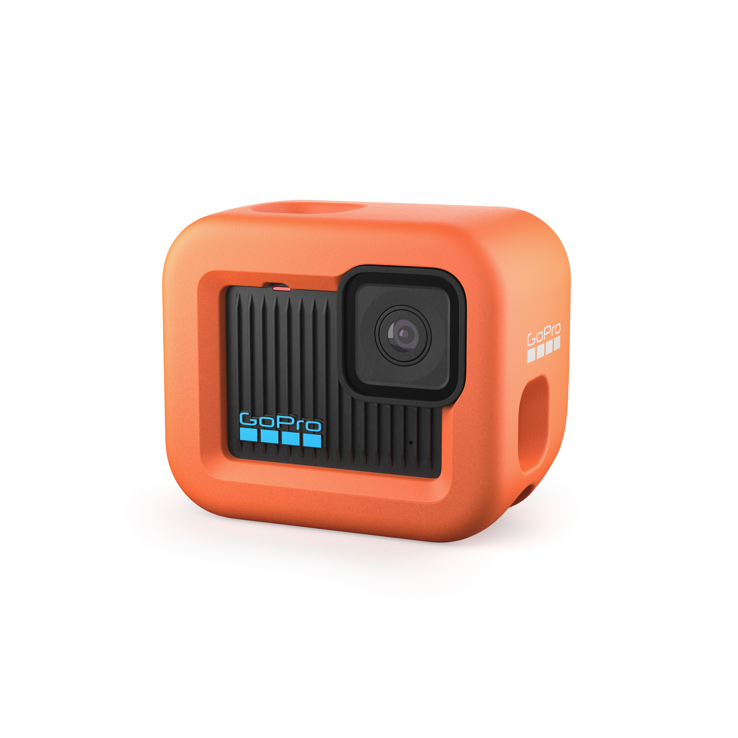 Una cámara GoPro naranja en una funda protectora, con el logotipo de GoPro en el lateral.
