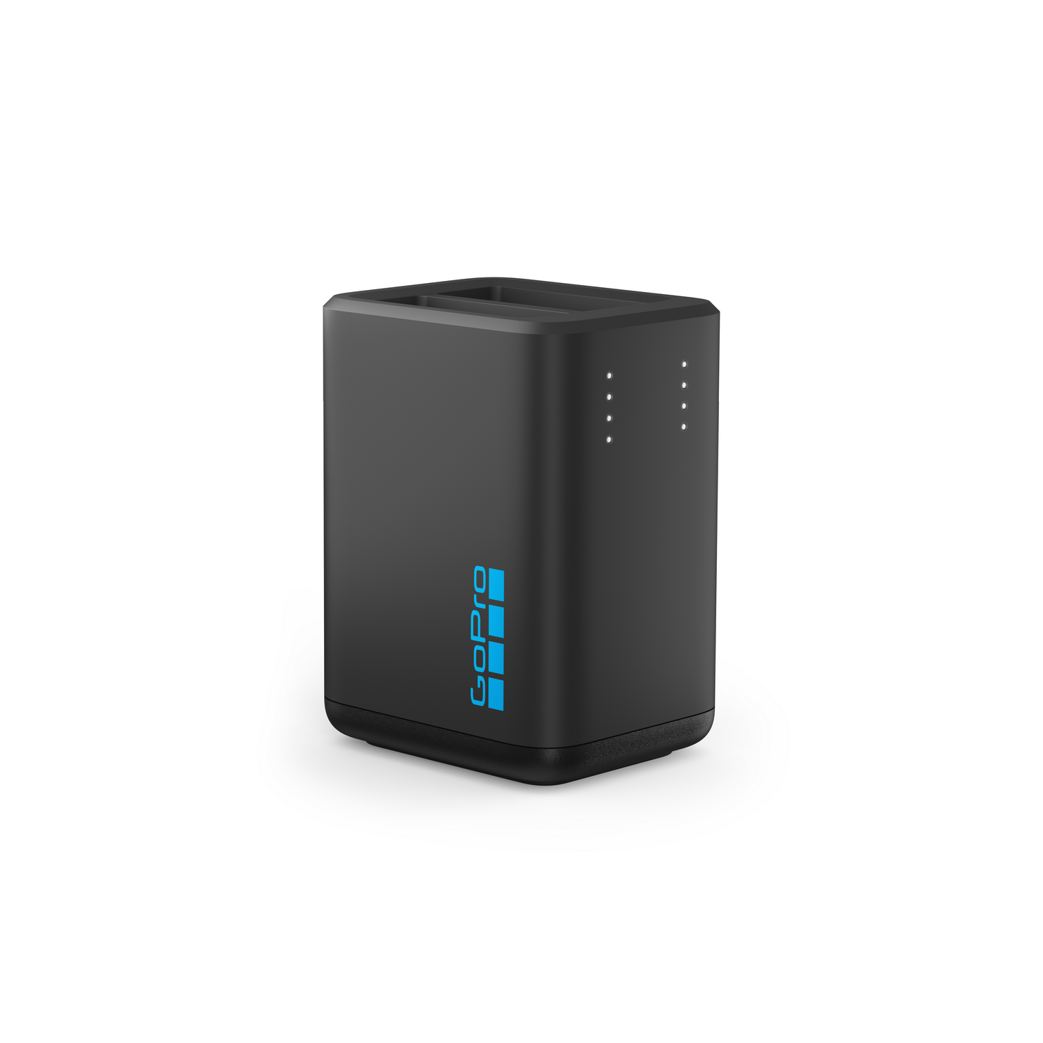 Cargador de batería GoPro negro con logo GoPro azul.