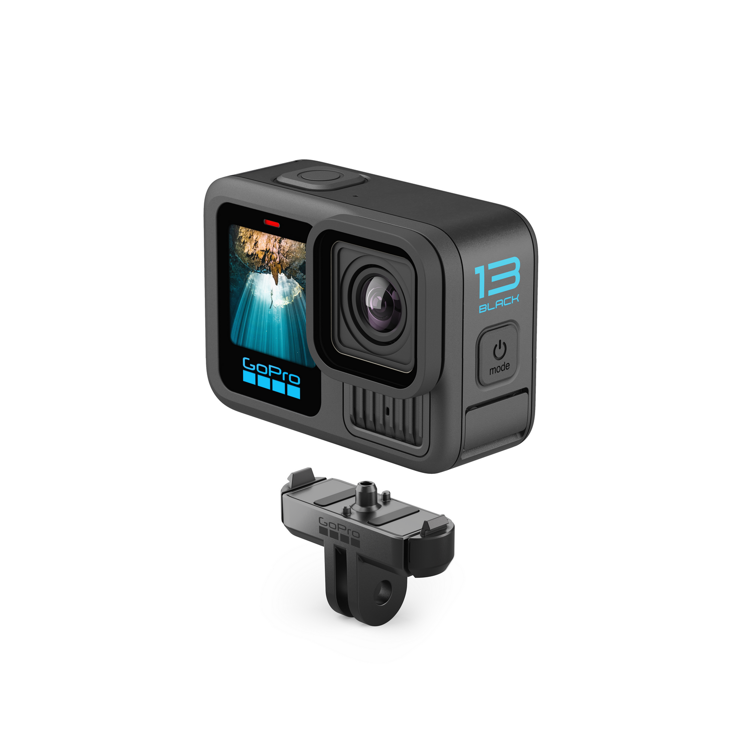 Cámara GoPro con soporte, mostrando una pantalla con una persona en blanco.