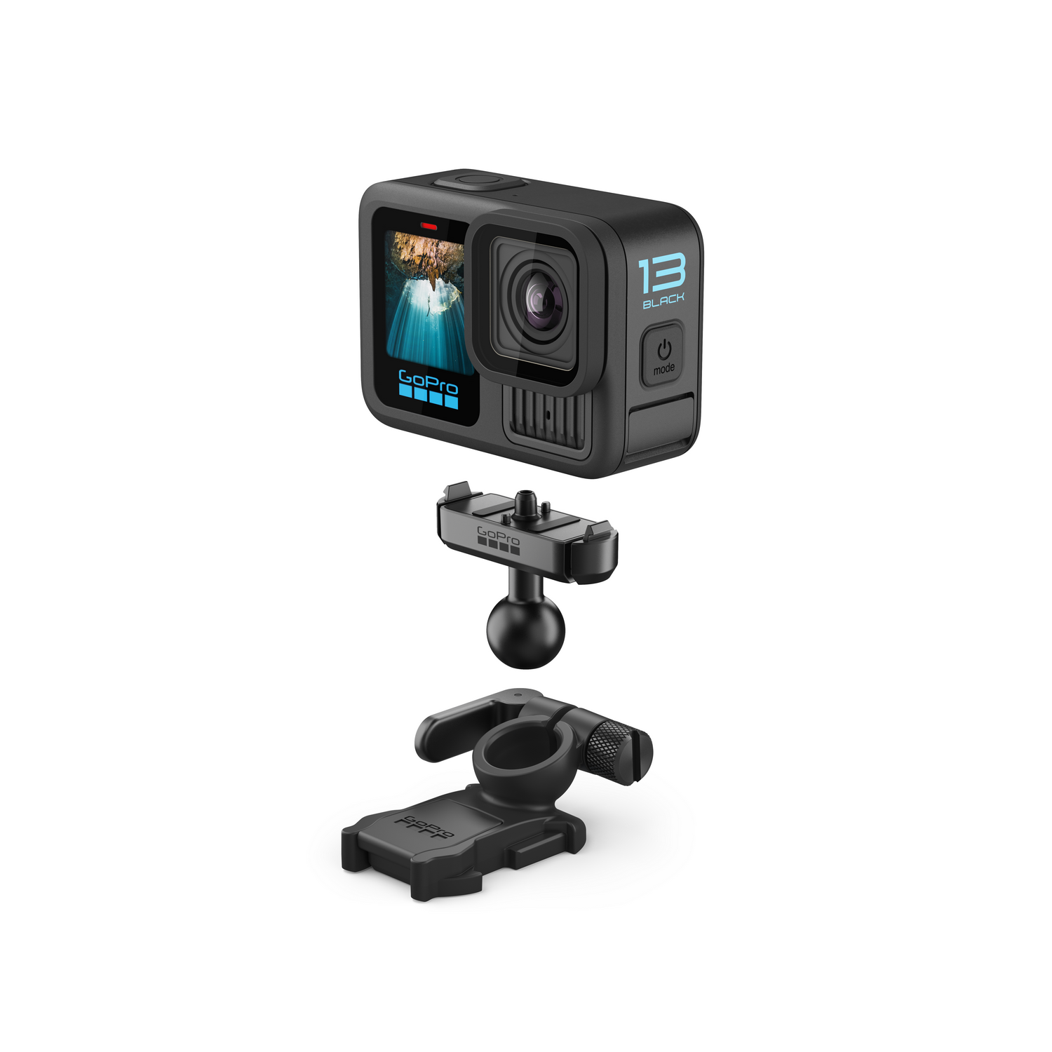Cámara de acción negra GoPro Hero 13 Black con soporte y accesorios adicionales.