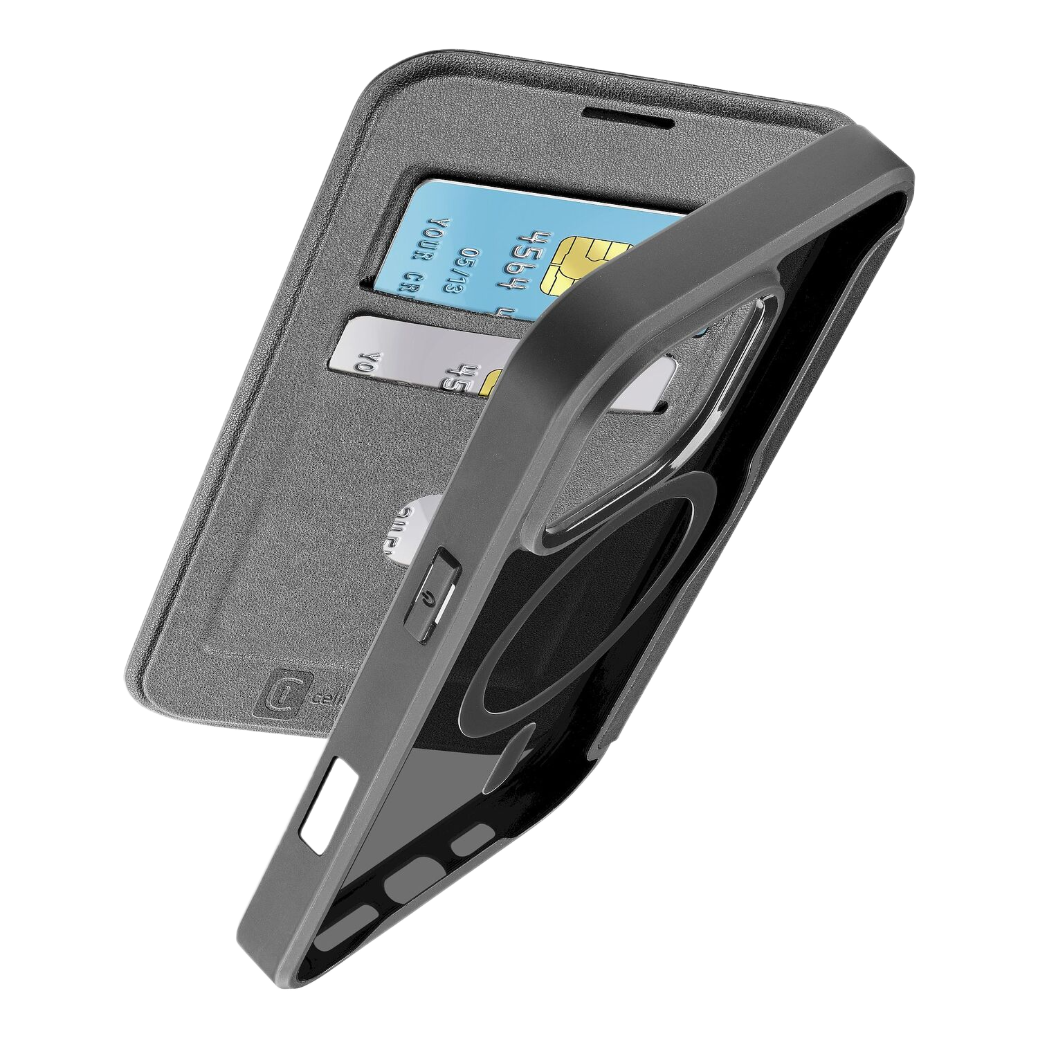 Étui de téléphone gris avec cartes. L'étui est ouvert, montrant des cartes de crédit. Étui noir.