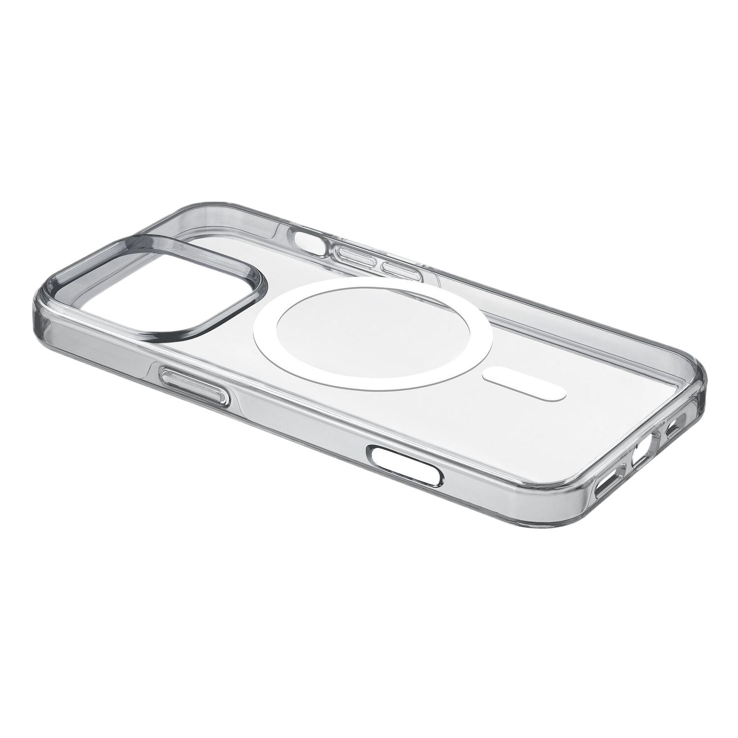 Coque de téléphone transparente avec un cercle blanc et une ligne, sur fond blanc.