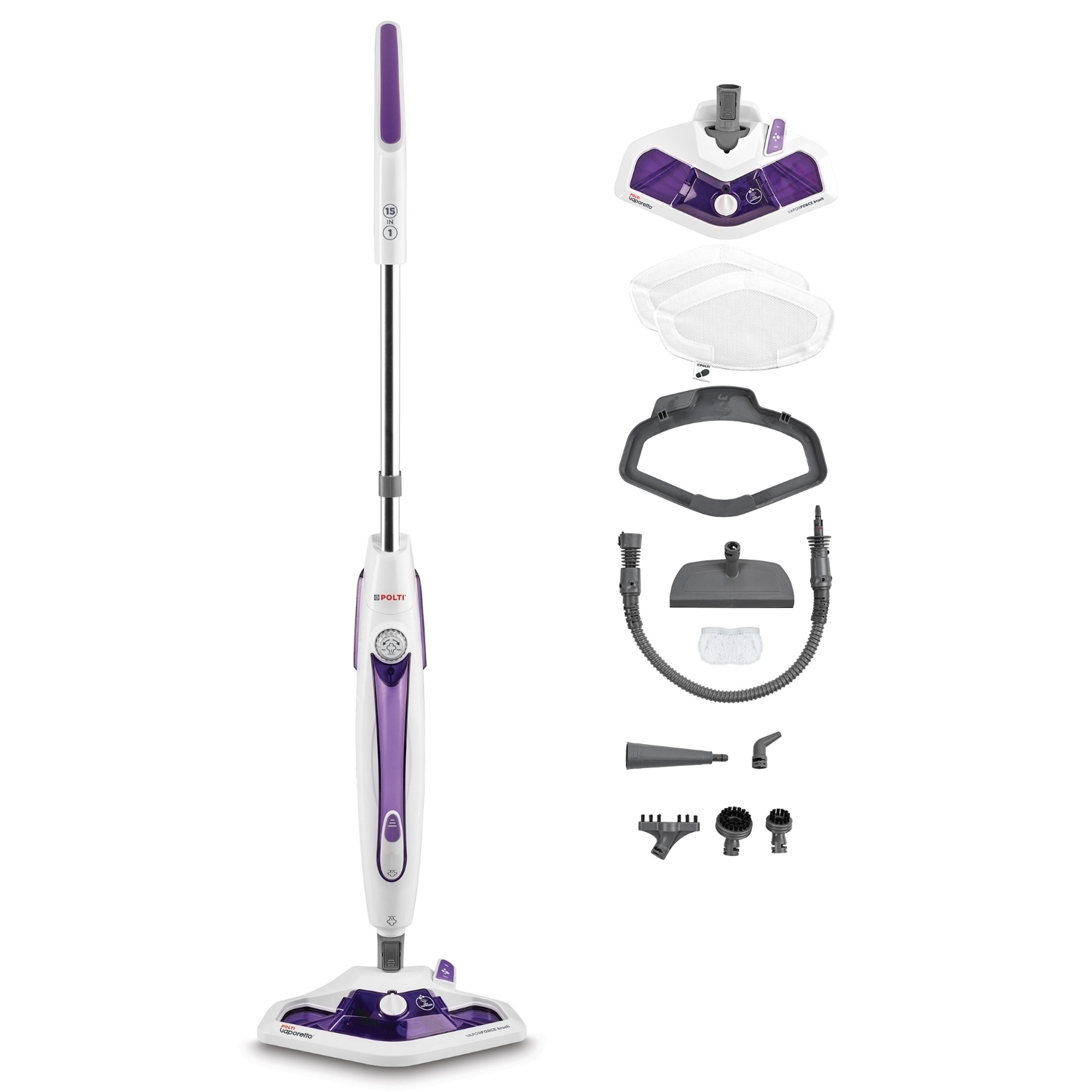 Mocio a vapore smontato, parti in vista. Schema colori bianco e viola, attacchi multipli.