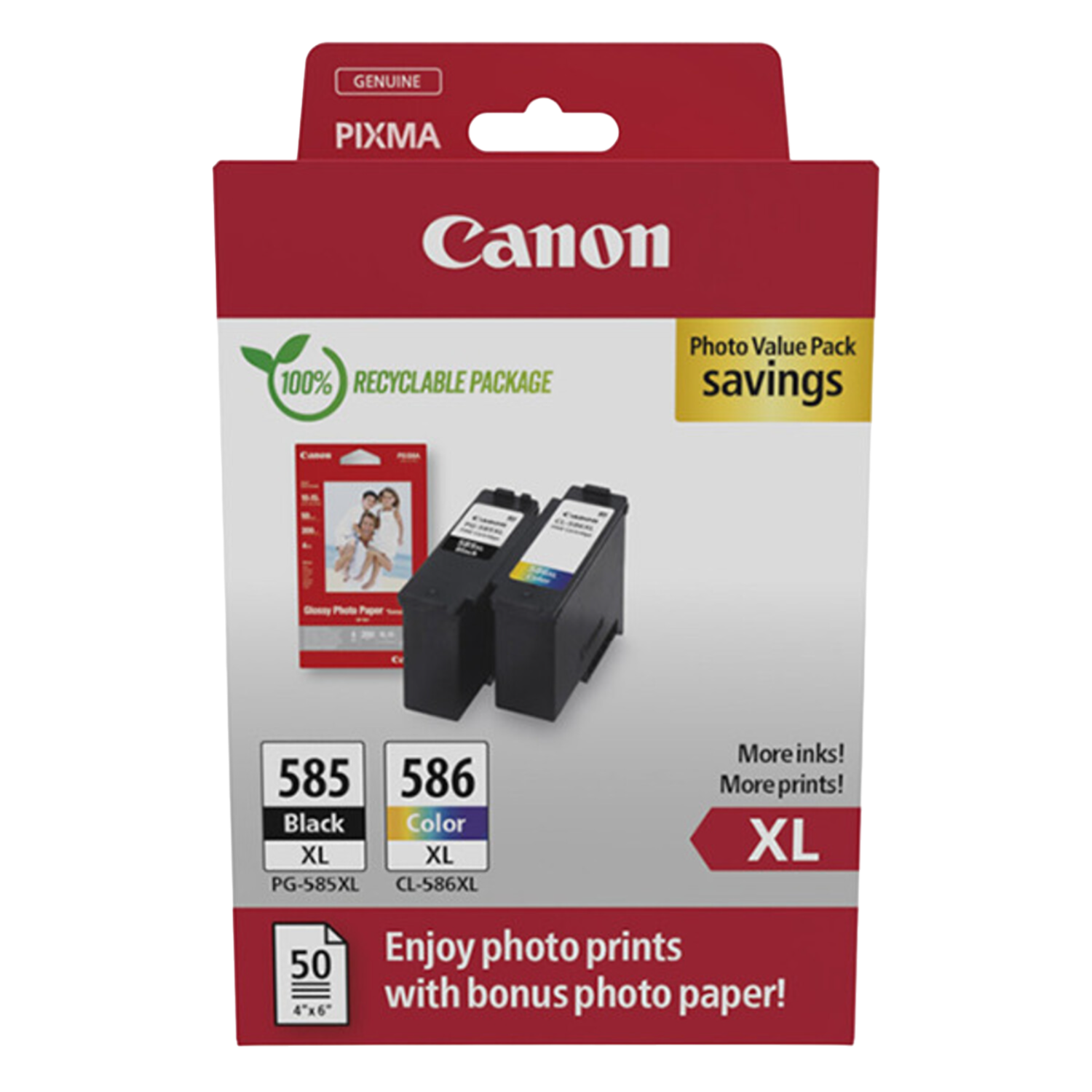 Cartouches d'encre Canon dans une boîte rouge et noire avec du papier photo.