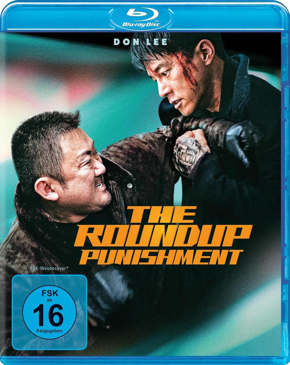 Blu-ray-Cover: The Roundup: Punishment. Zwei Männer im Kampf. Blauer Hintergrund mit Text.