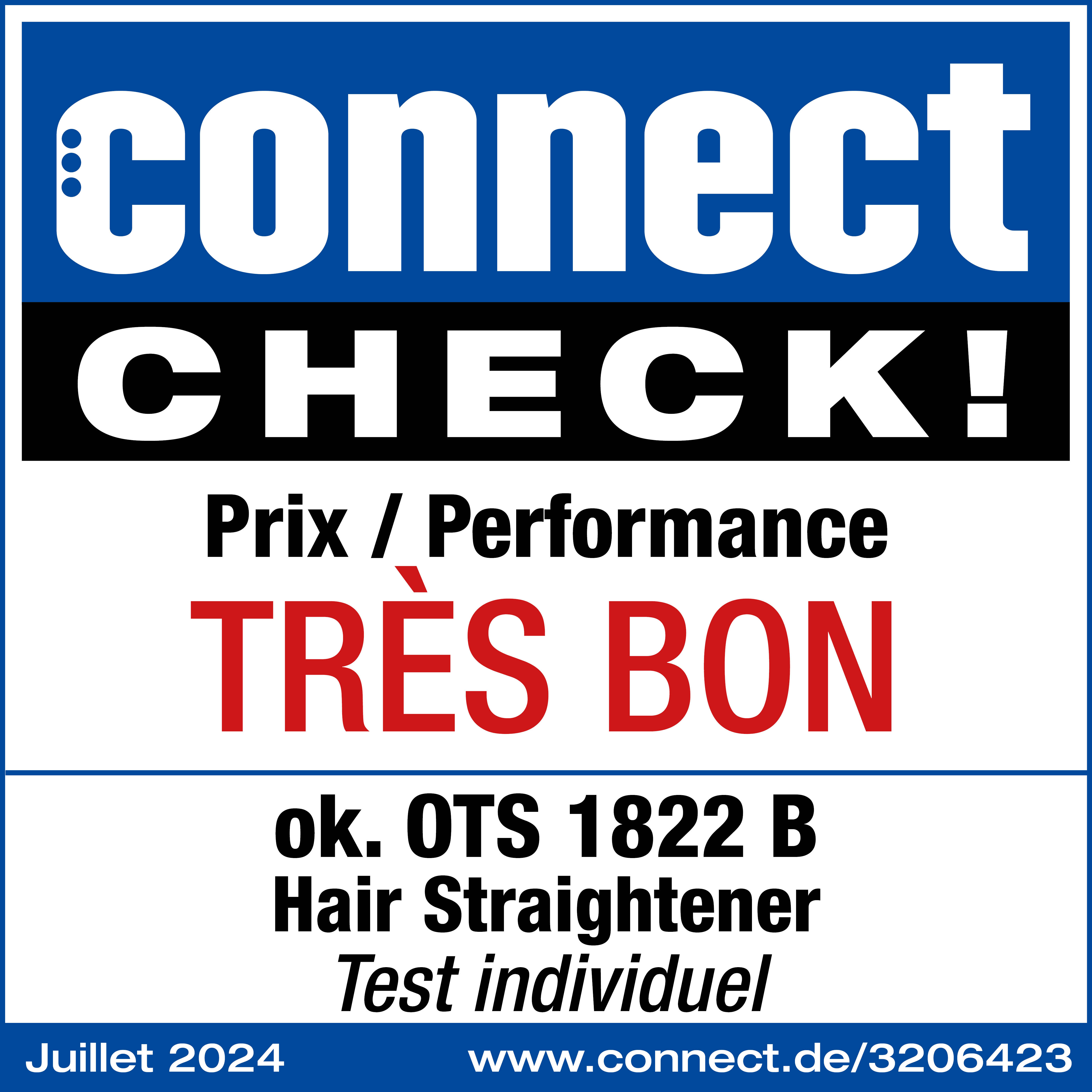 Texte Connect Check! avec 'Très Bon' et détails du lisseur. Test individuel est écrit.