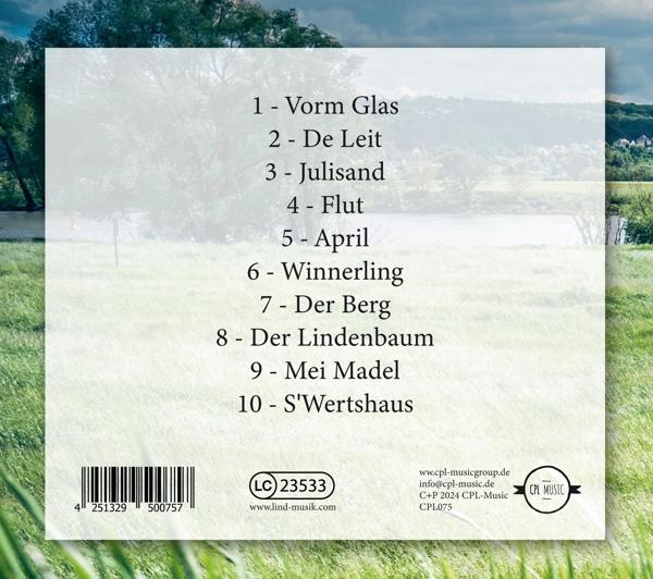 Rückseite einer CD-Hülle mit Titelliste und Hintergrund.
