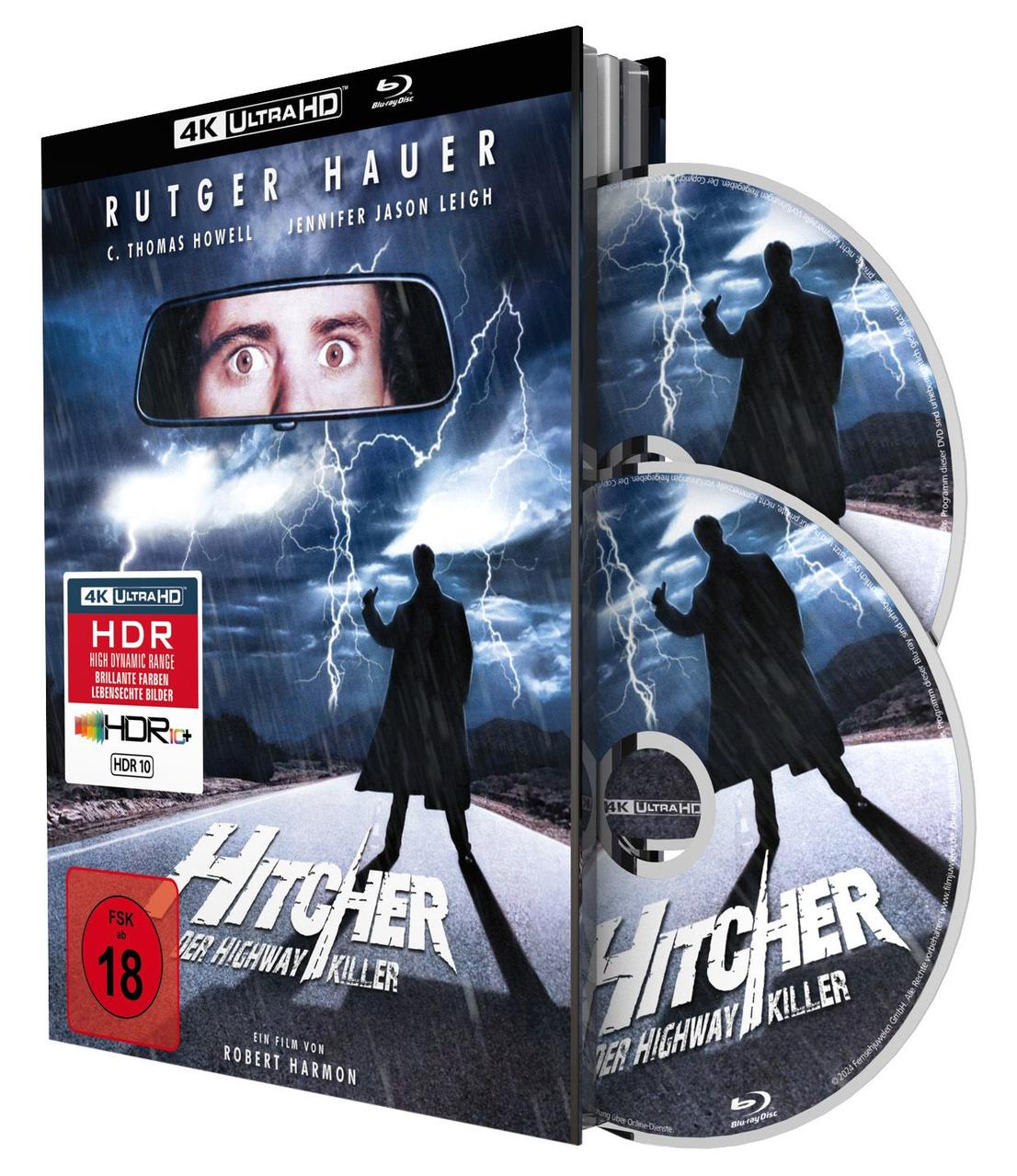 Filmcover von 'Hitcher' mit einem Spiegelbild und Blitzen, und zwei DVDs.