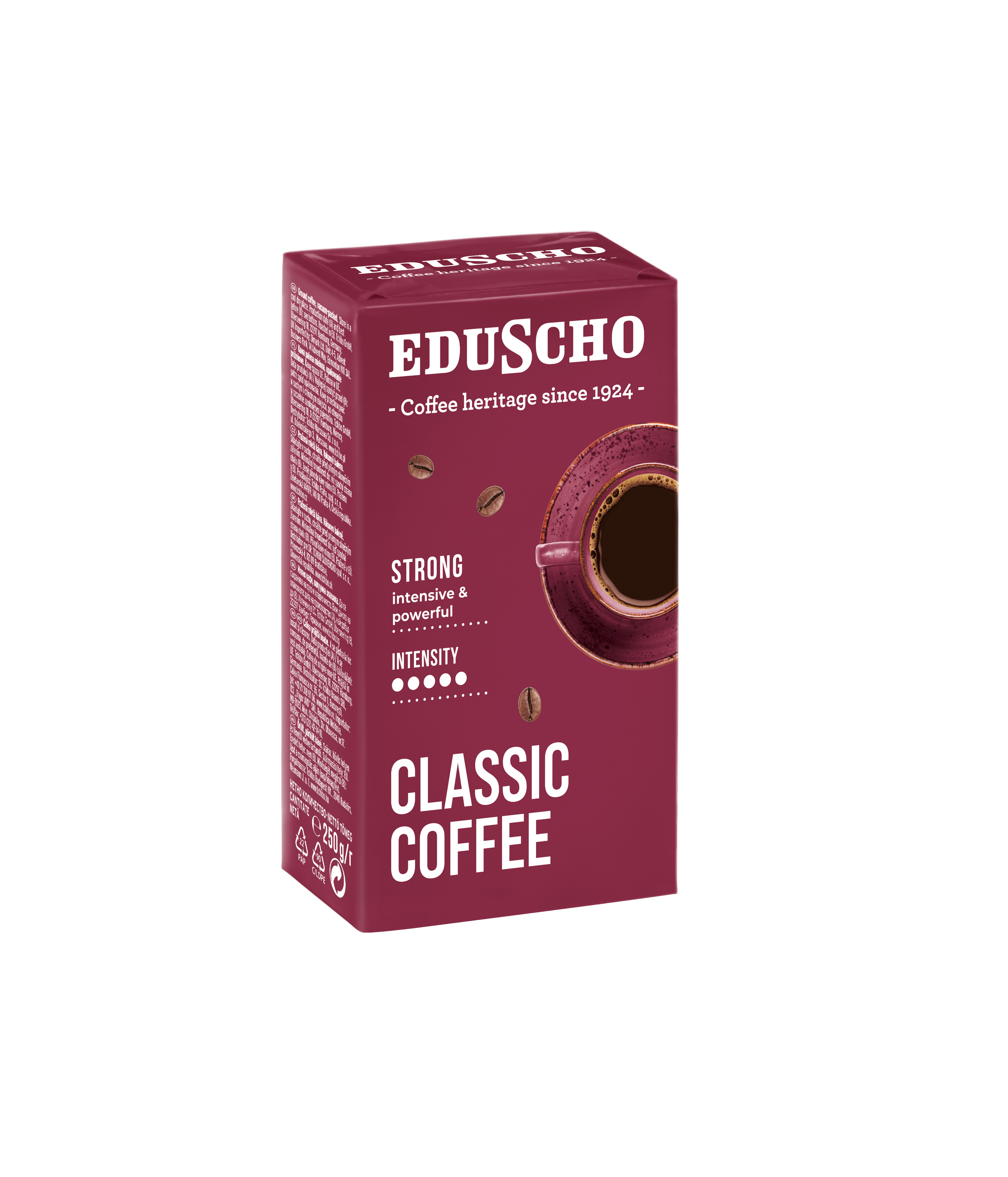 Eduscho Classic Coffee kutusu, kahve çekirdekleri ve bir fincan kahve ile.