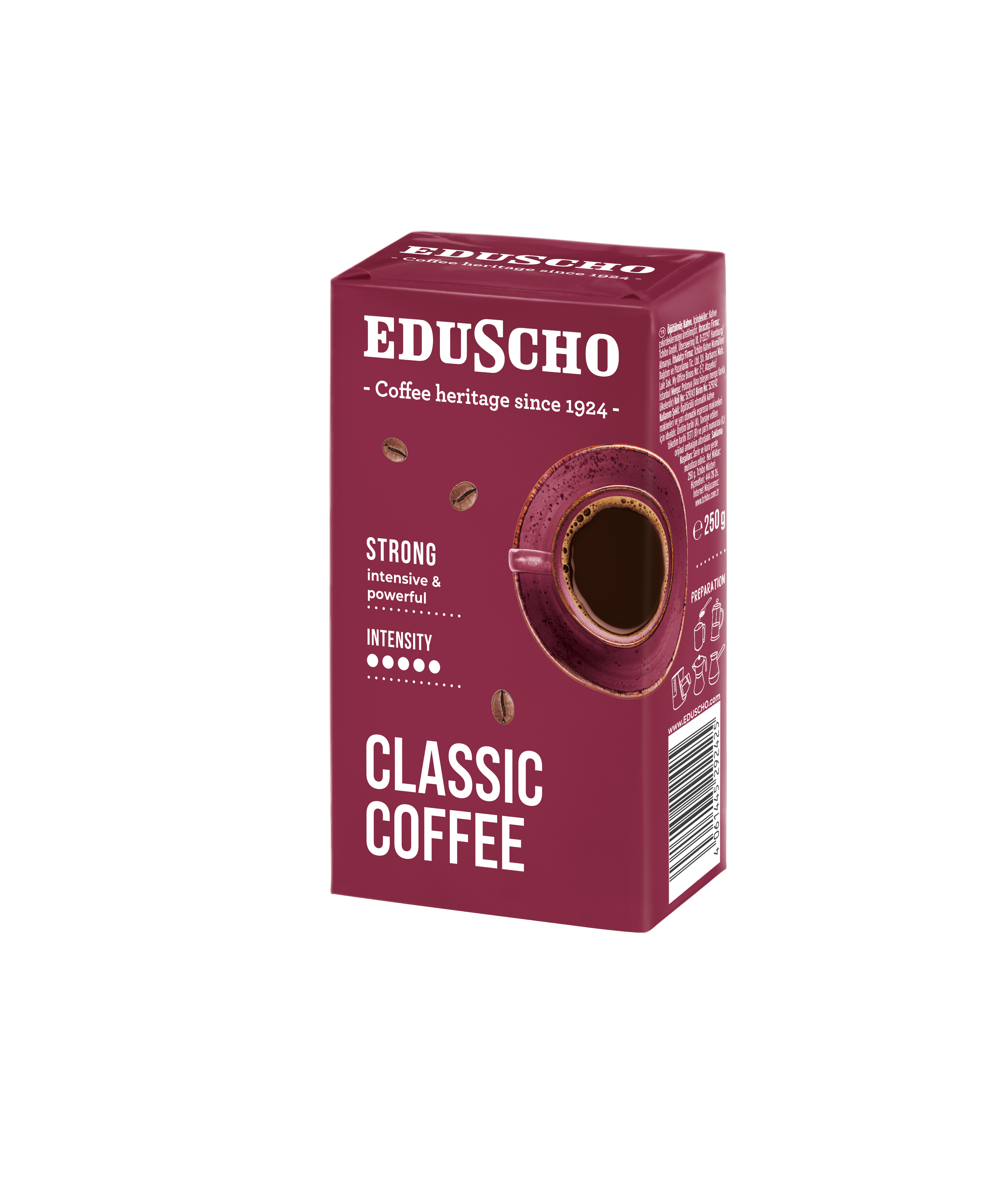 Eduscho Classic Coffee'nin bordo kutusu, etrafında kahve çekirdekleri olan bir kahve fincanı gösteriyor.