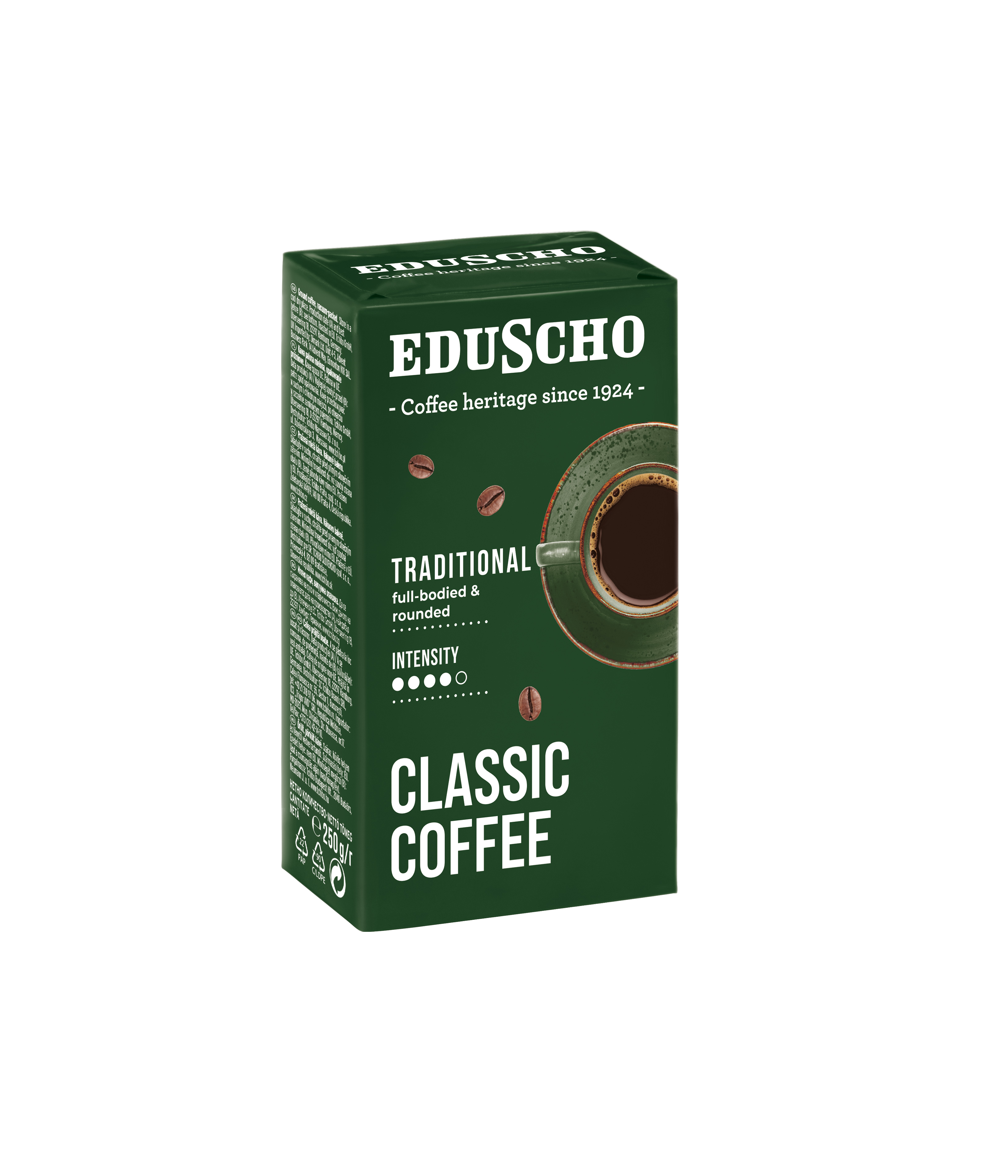 Kahve çekirdekleri ve bir fincan ile Eduscho Classic Coffee'nin yeşil bir kutusu. Beyaz zemin.