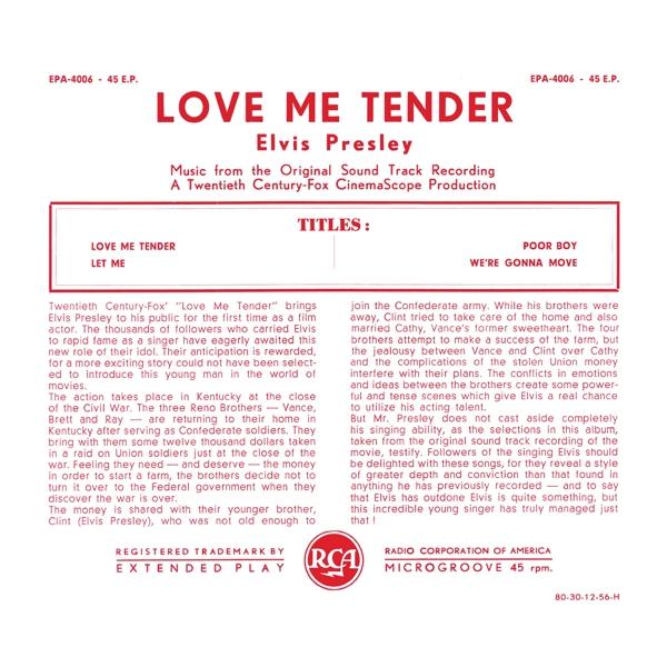 Pochette de l'album 'Love Me Tender' d'Elvis Presley. Texte sur fond rouge et blanc.