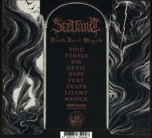 Albumcover mit Text. Schwarzer Hintergrund, weißer Text und dunkle grafische Elemente.