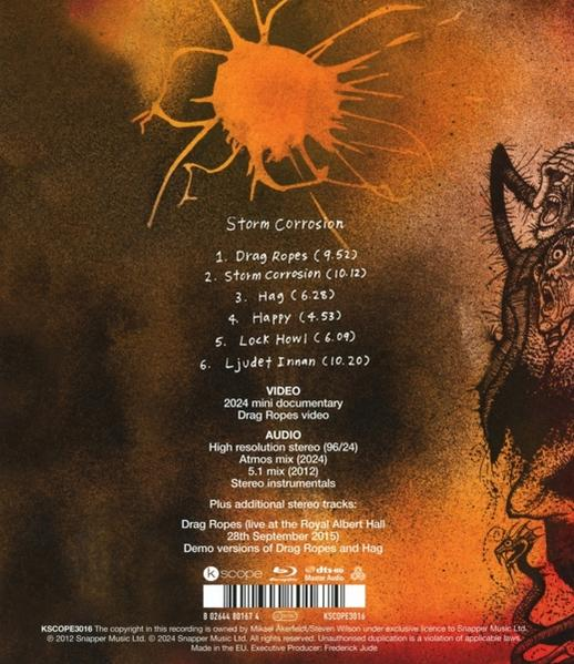 Eine Disc mit der Titelliste für Storm Corrosion. Das Cover hat ein orange-schwarzes abstraktes Design.