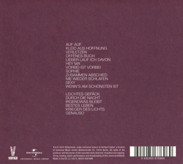 Rückseite eines Albums mit Texten. Lila Hintergrund und weißer Text. Universal Music Group Logo.