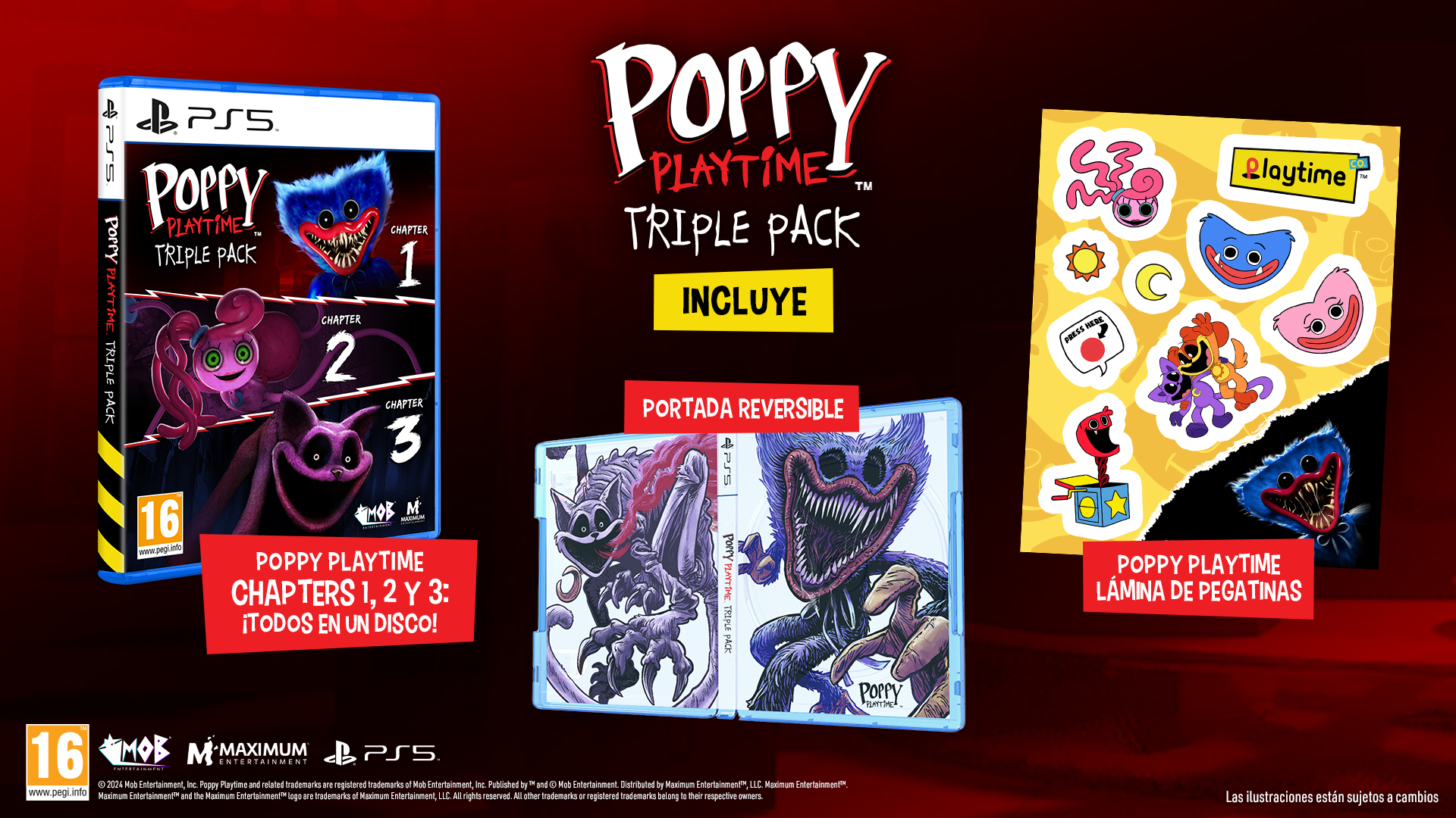 Juego Poppy Playtime Triple Pack, con carátula y pegatinas.