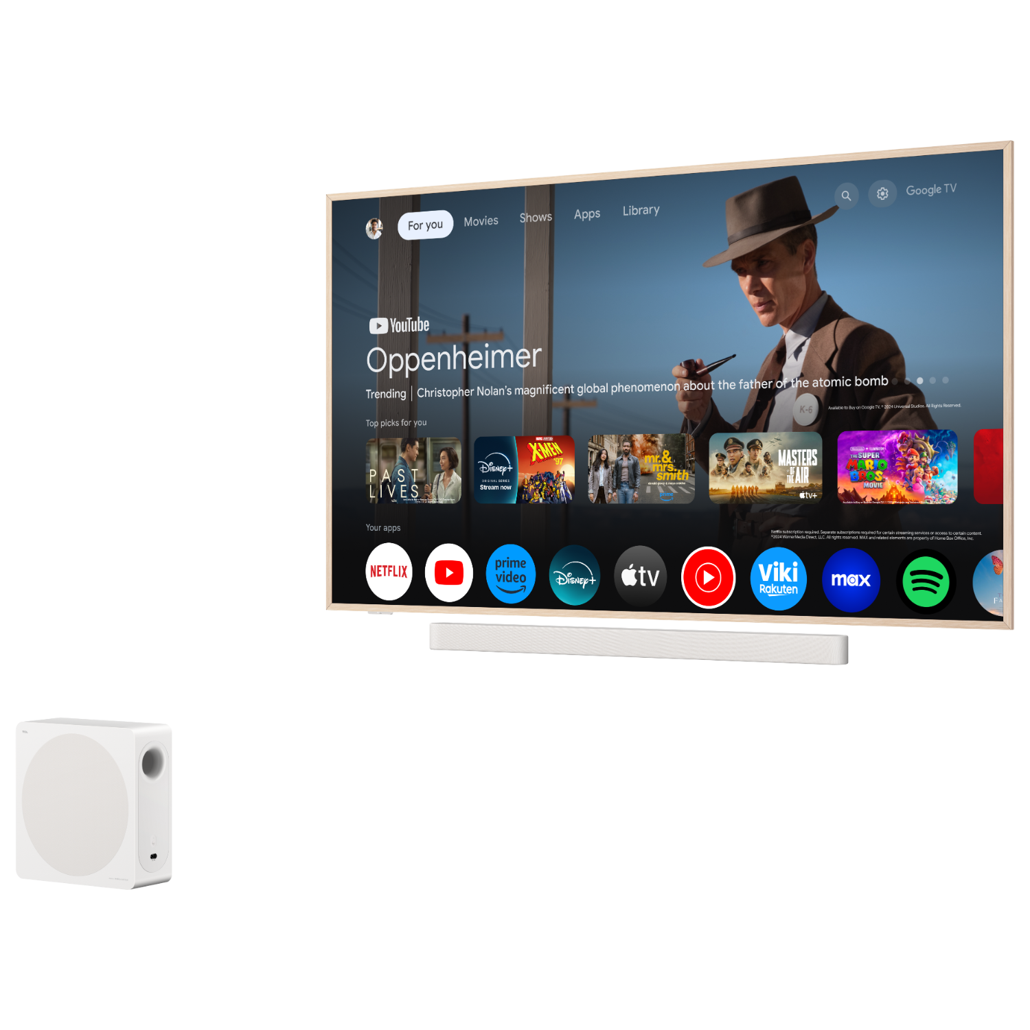 A TV screen displaying Oppenheimer movie info, a soundbar, and a subwoofer.