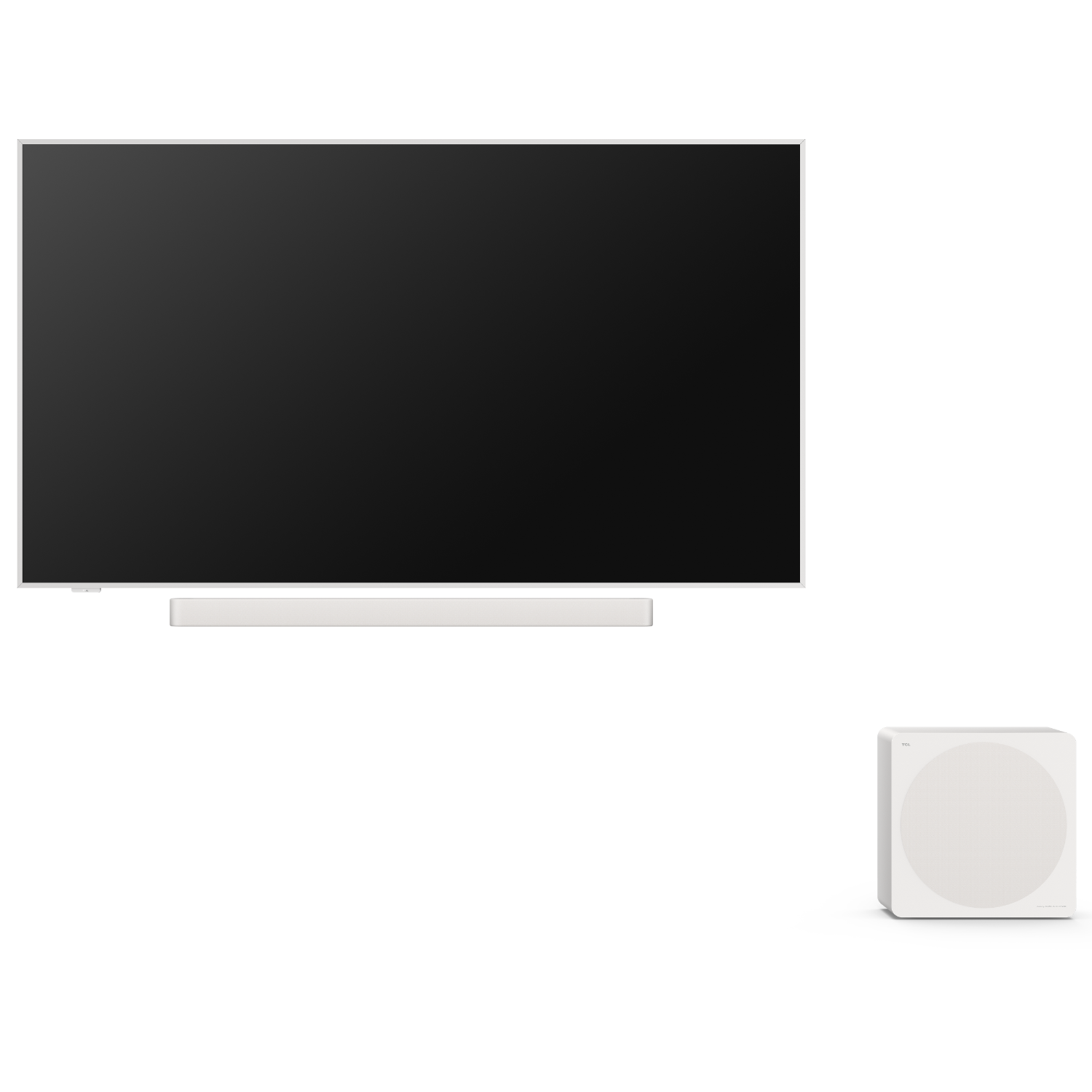 A large black TV screen with a white frame. A white soundbar is below. A white subwoofer is on the right.
