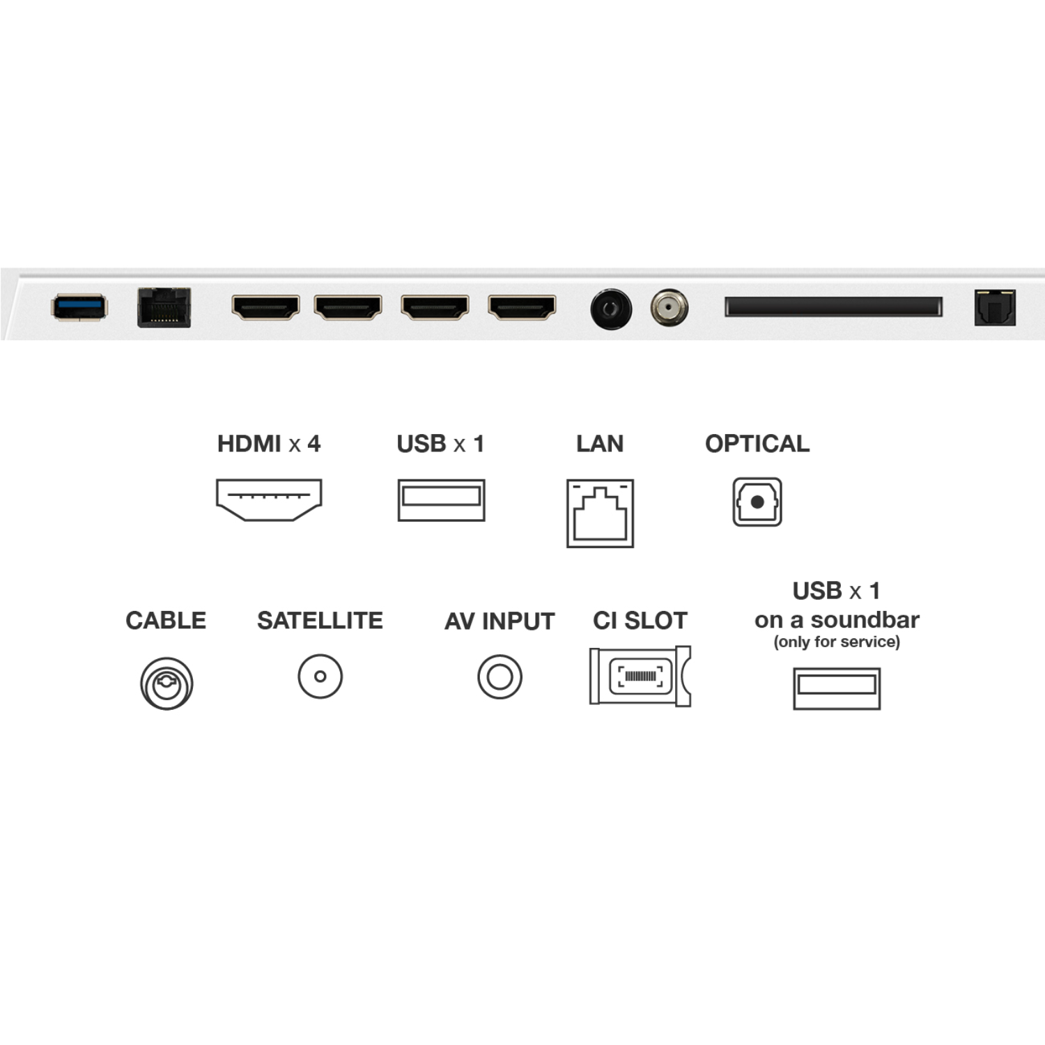 A close-up of the back of a TV with various connection ports labeled.