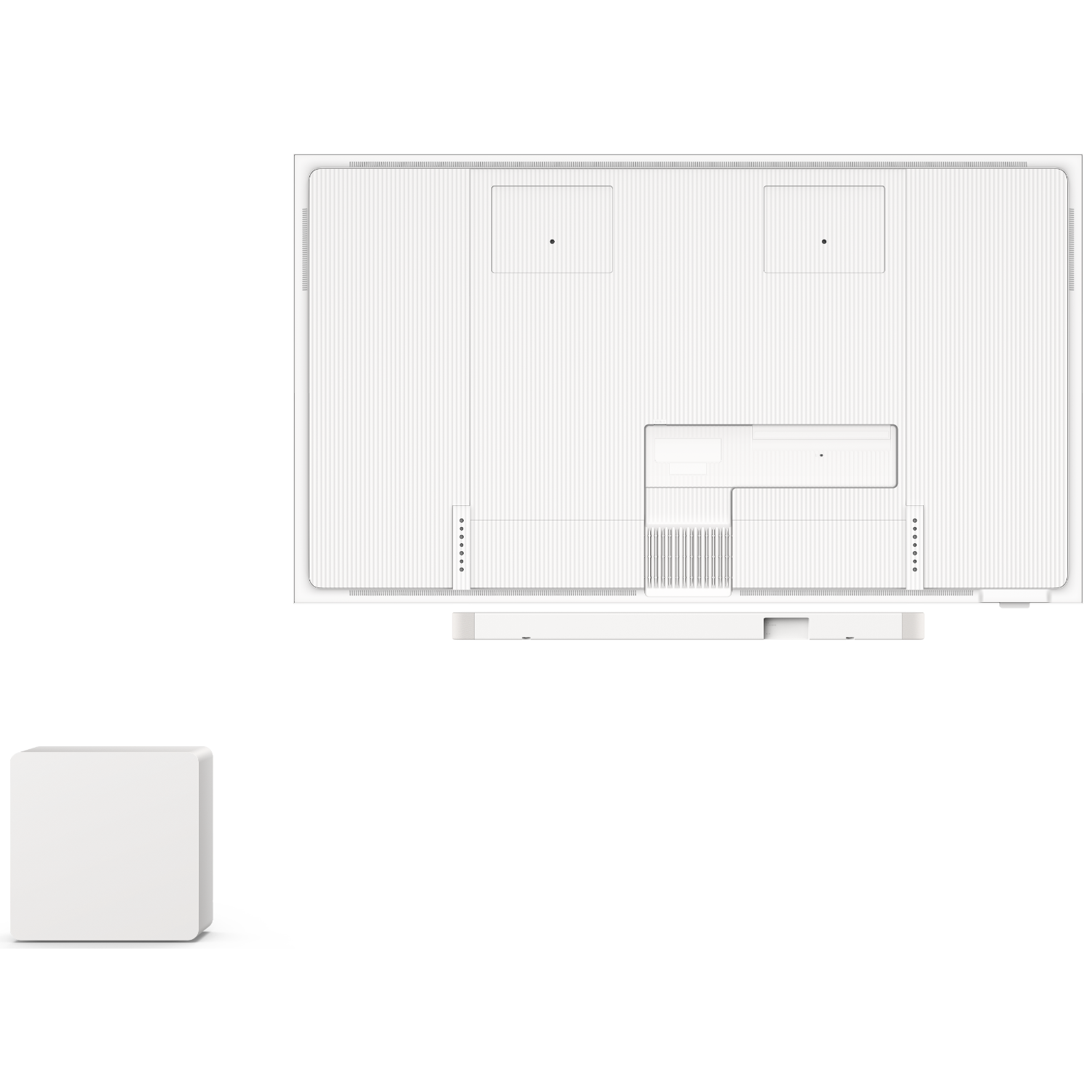 White TV back panel with ports and a white box on a black background.