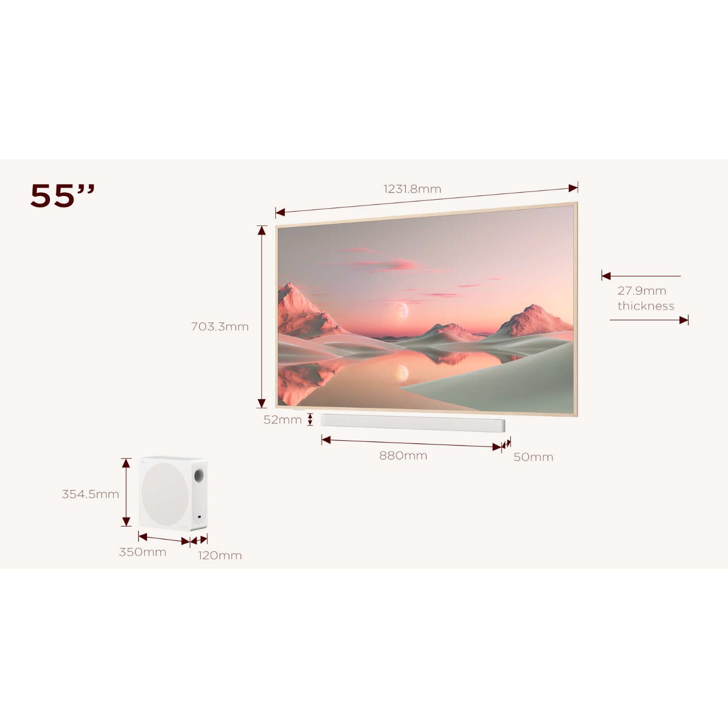 A 55-inch TV with dimensions and specifications, a soundbar, and a white subwoofer on white.