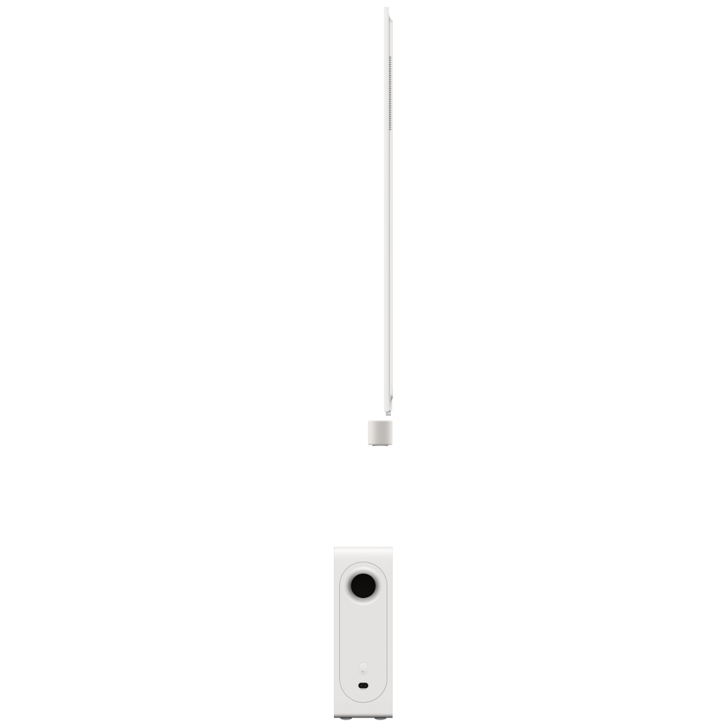 A white smart home device with a light above, with a black background.