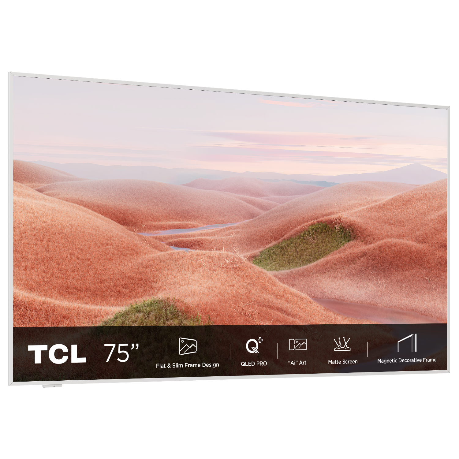 A large TV on a white background, with a landscape scene displayed on the screen.