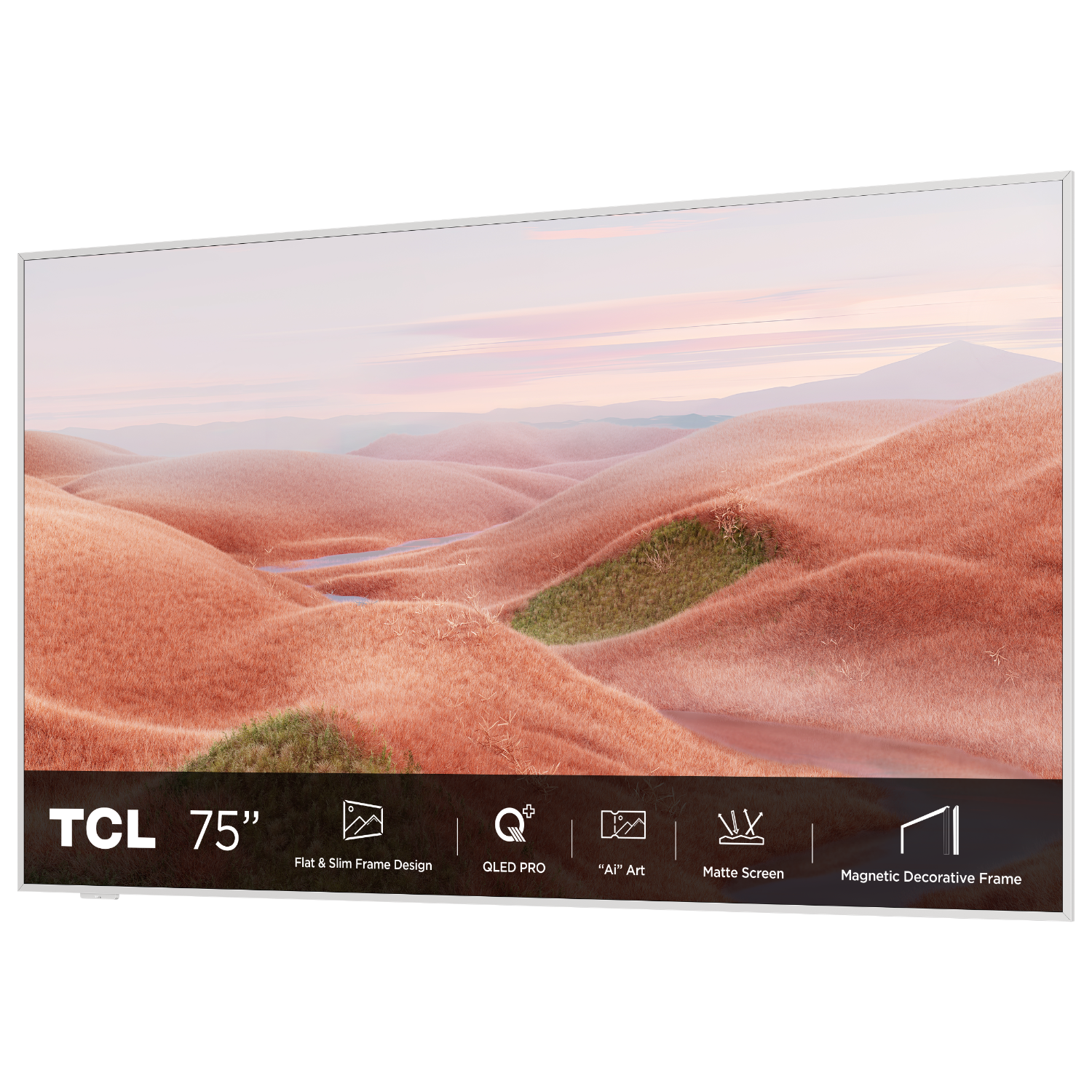 A large TV with a white frame displaying an image of a landscape. The TV has a black bar at the bottom.