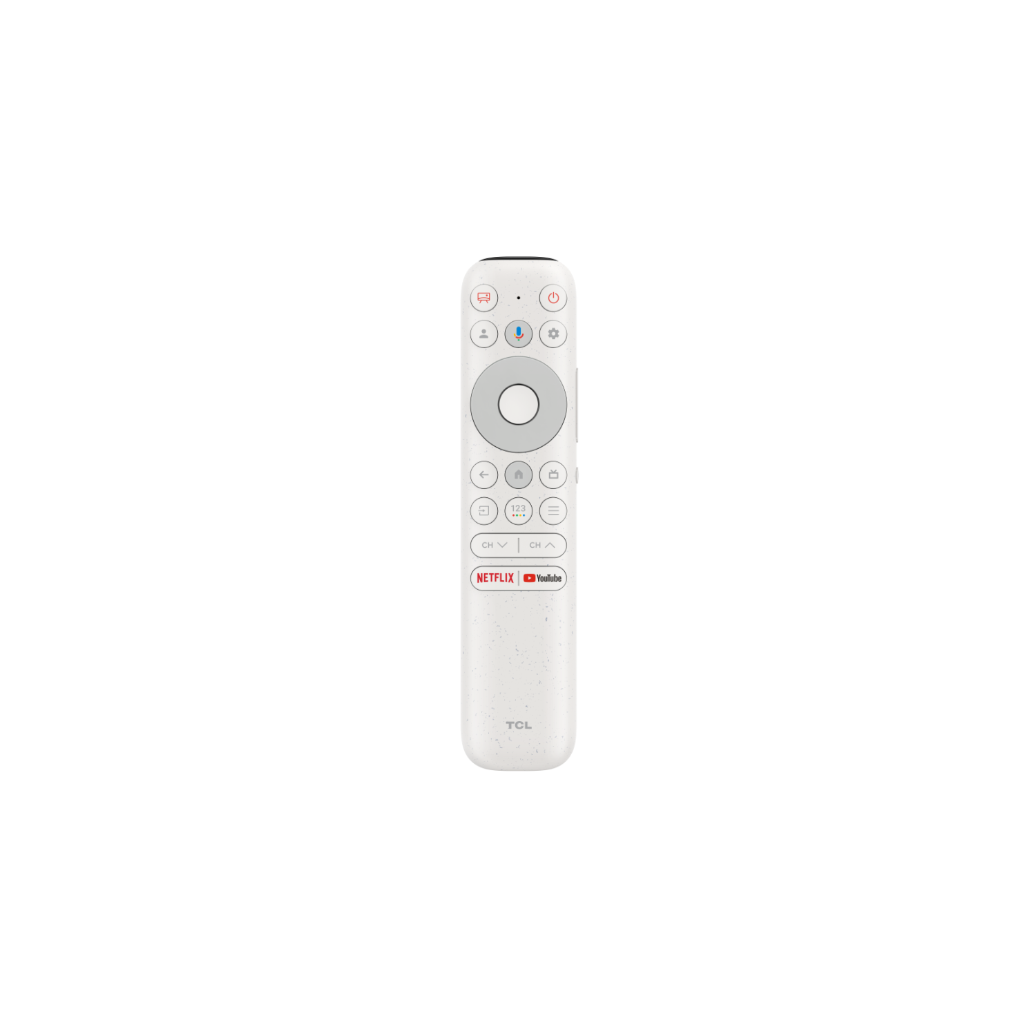 White remote control with multiple buttons. The remote has Netflix and YouTube logos. Black background.