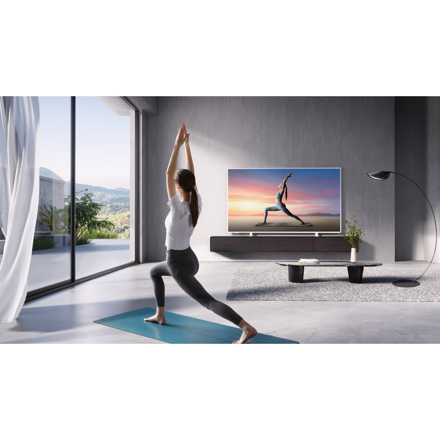 Woman doing yoga in front of a TV. A window and a lamp are visible.