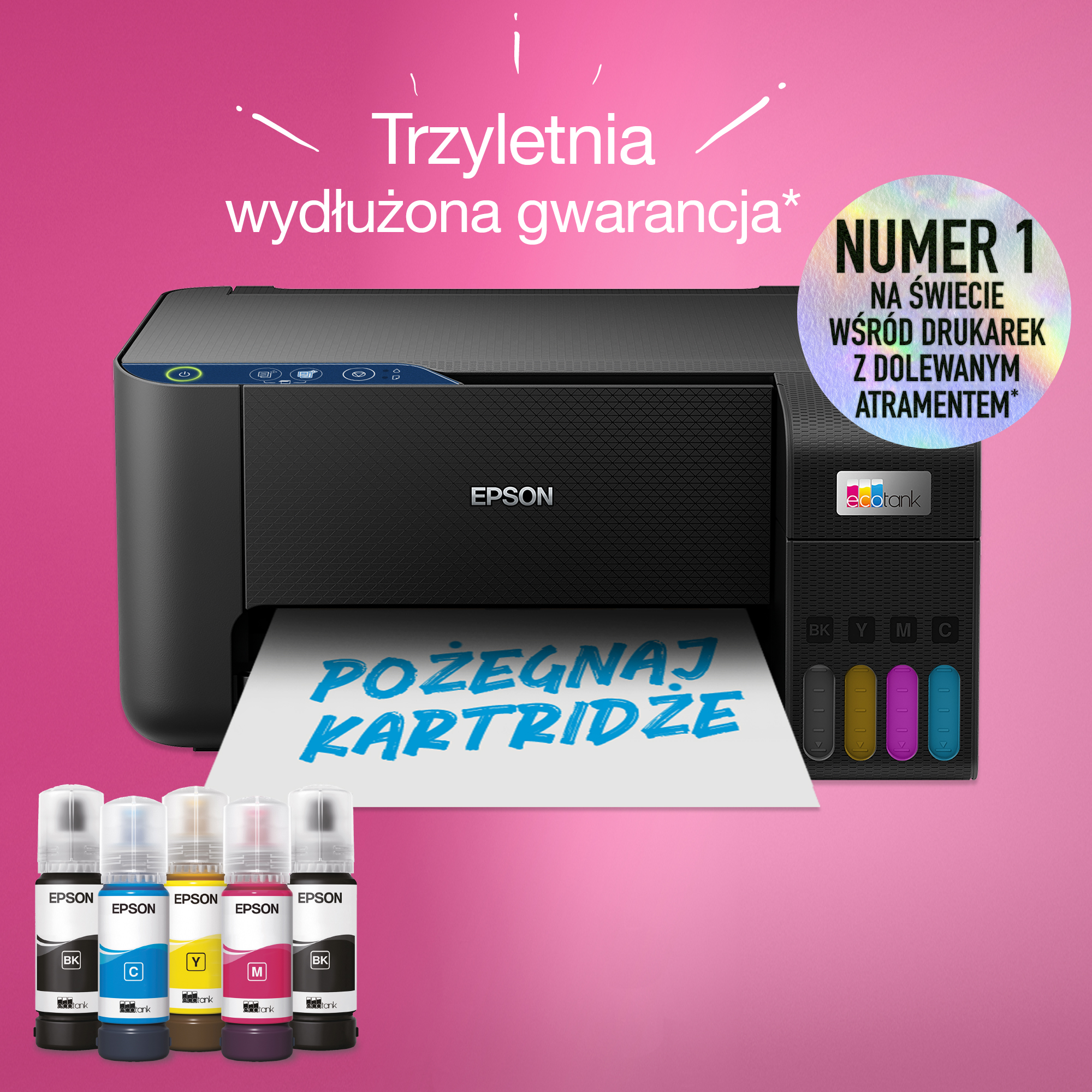 Drukarka Epson z butelkami z tuszem i tekstem promującym przedłużoną gwarancję.
