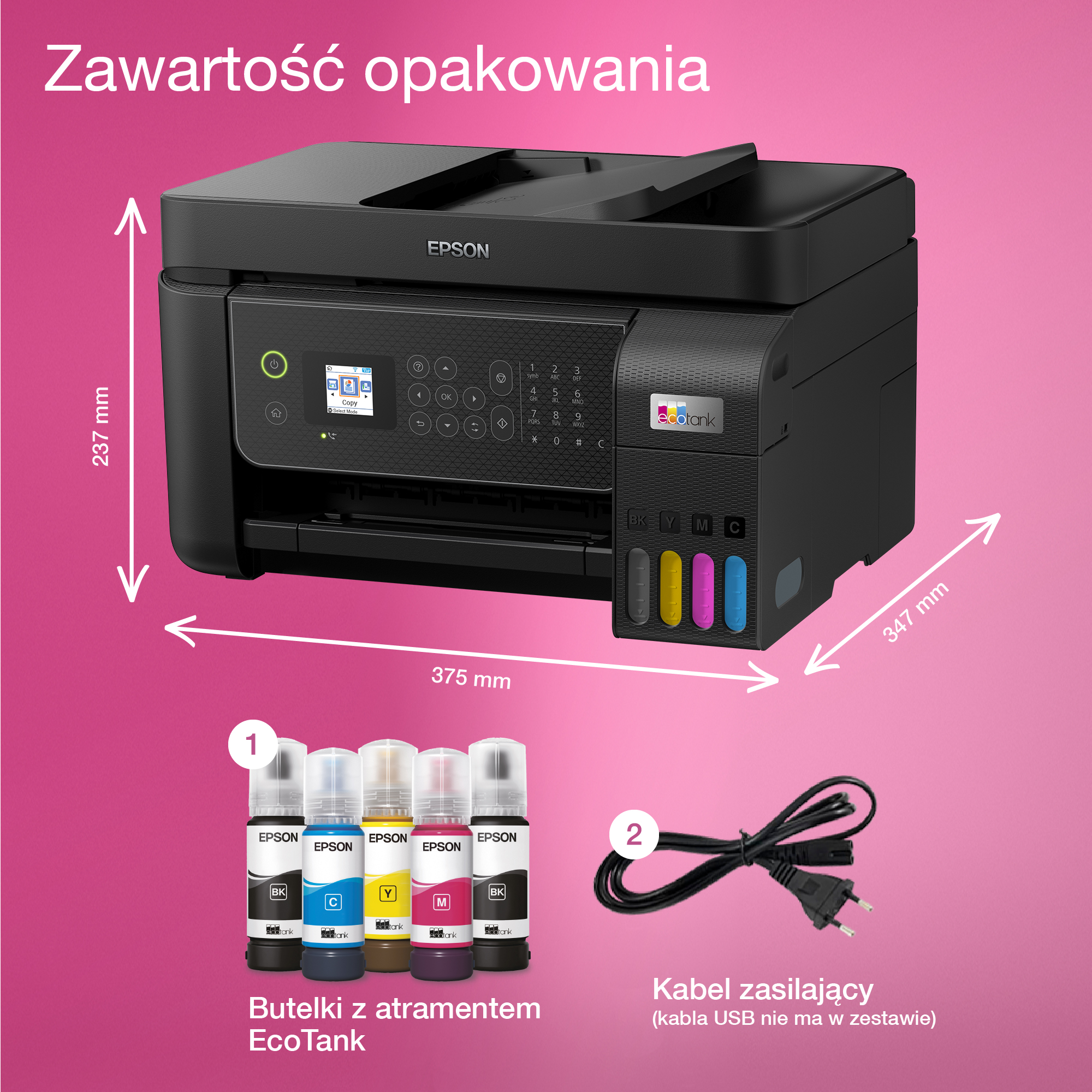 Drukarka Epson z wkładami atramentowymi. Drukarka jest czarna, z panelem sterowania i wskaźnikami poziomu atramentu.