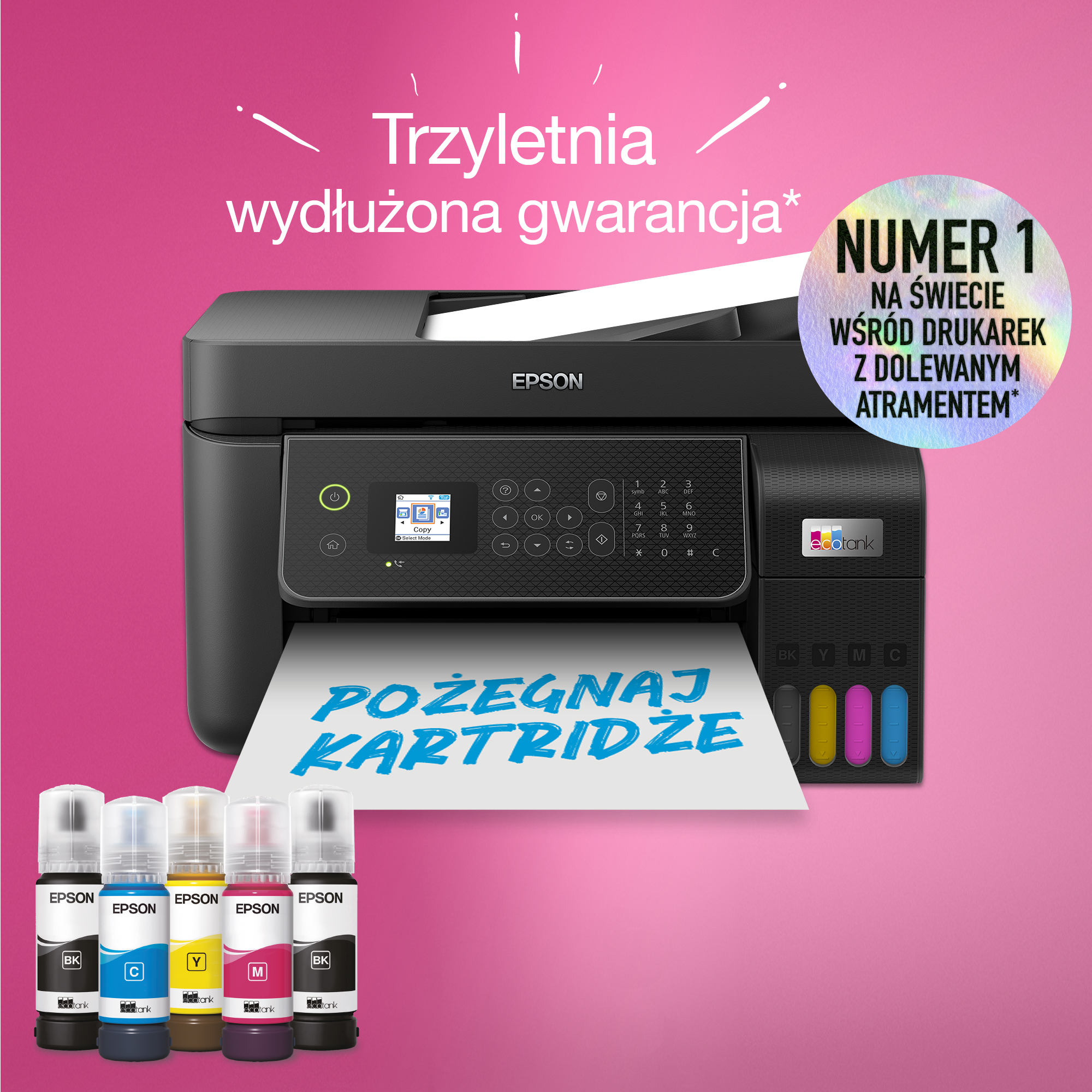 Drukarka Epson z butelkami z tuszem i tekstem o gwarancji.
