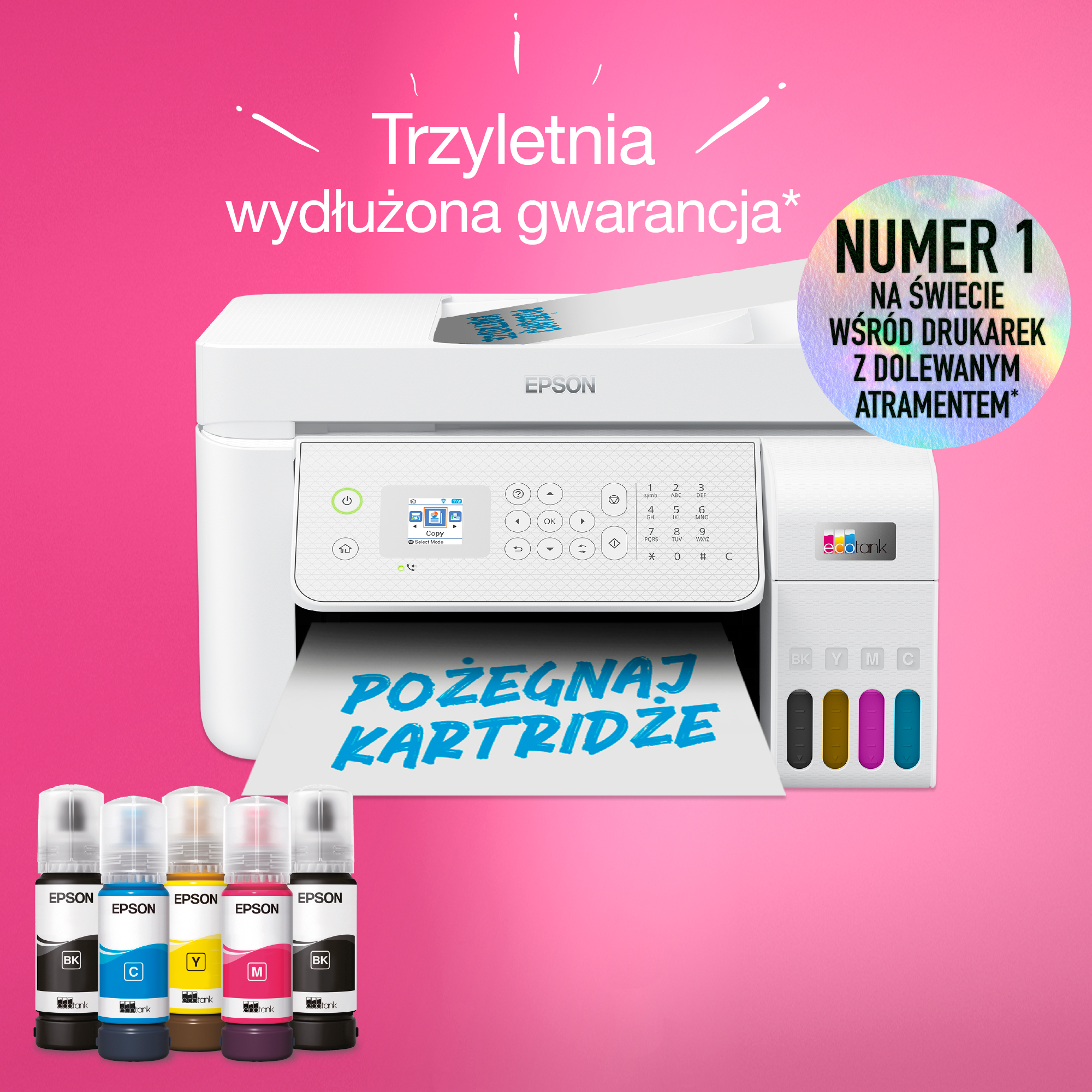 Drukarka Epson z butelkami z tuszem obok. Różowe tło i tekst o wkładach.