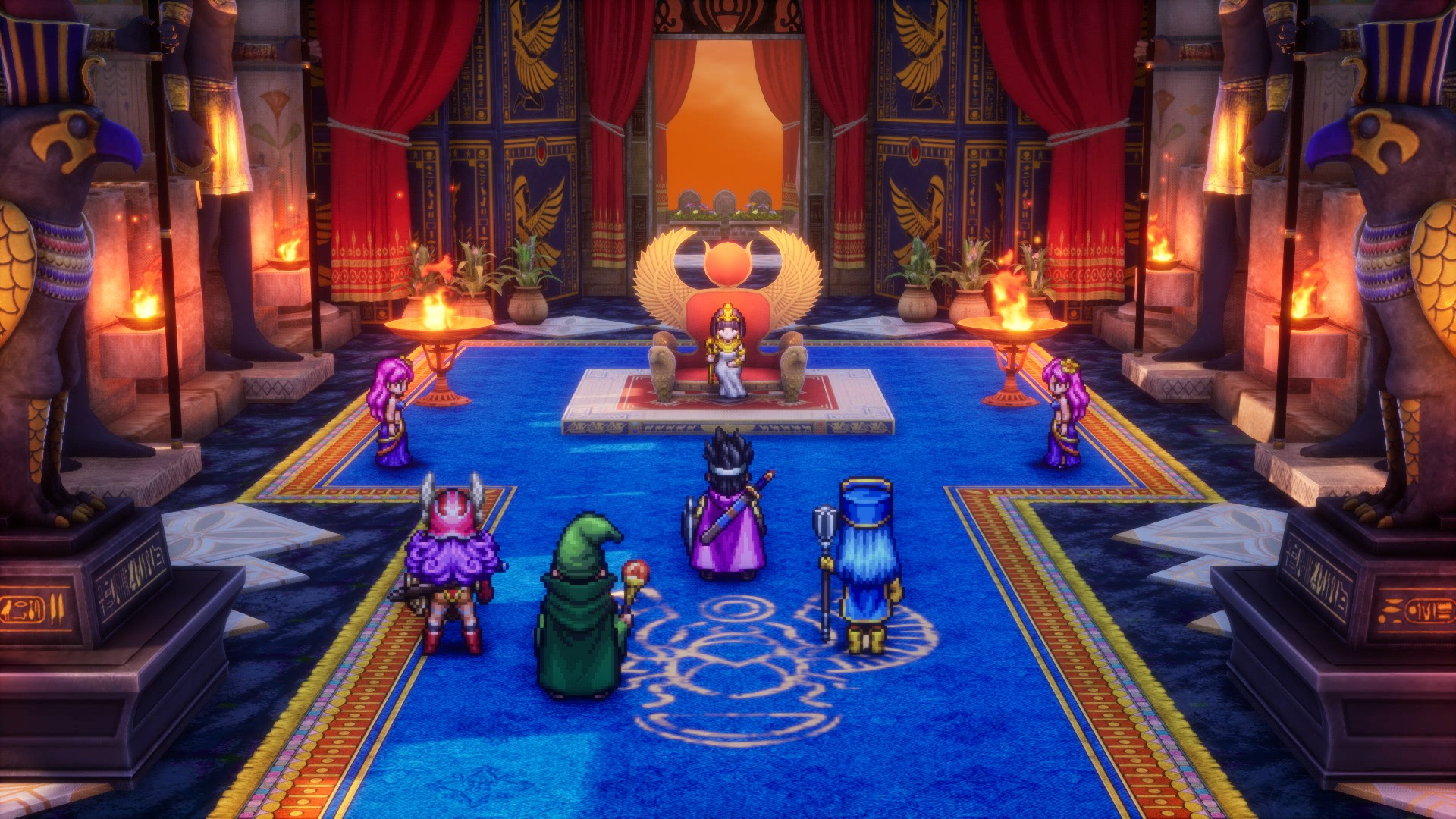 Une scène de jeu avec des personnages, un décor de salle du trône opulent avec des statues de pharaons.