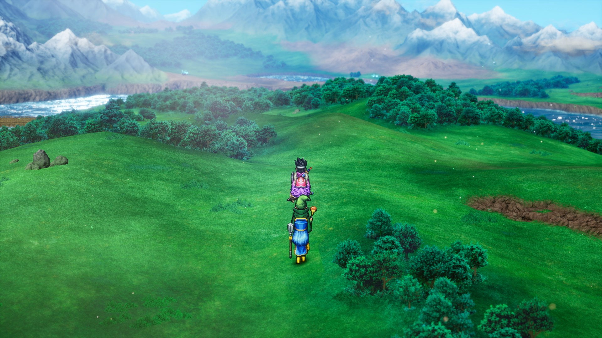 Deux personnages sur un champ vert, l'un portant l'autre. Montagnes et arbres en arrière-plan.