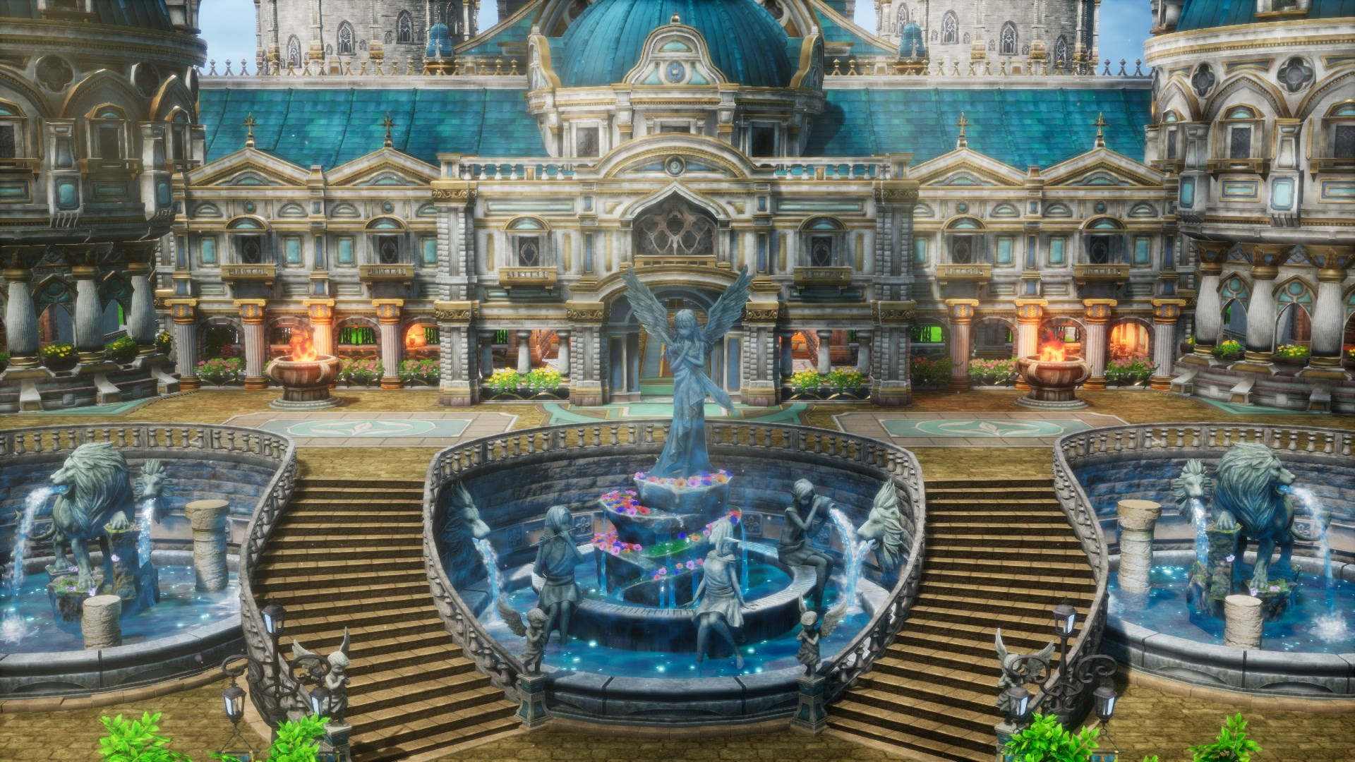 Un palais détaillé et orné avec un dôme turquoise et des fontaines avec des statues devant.