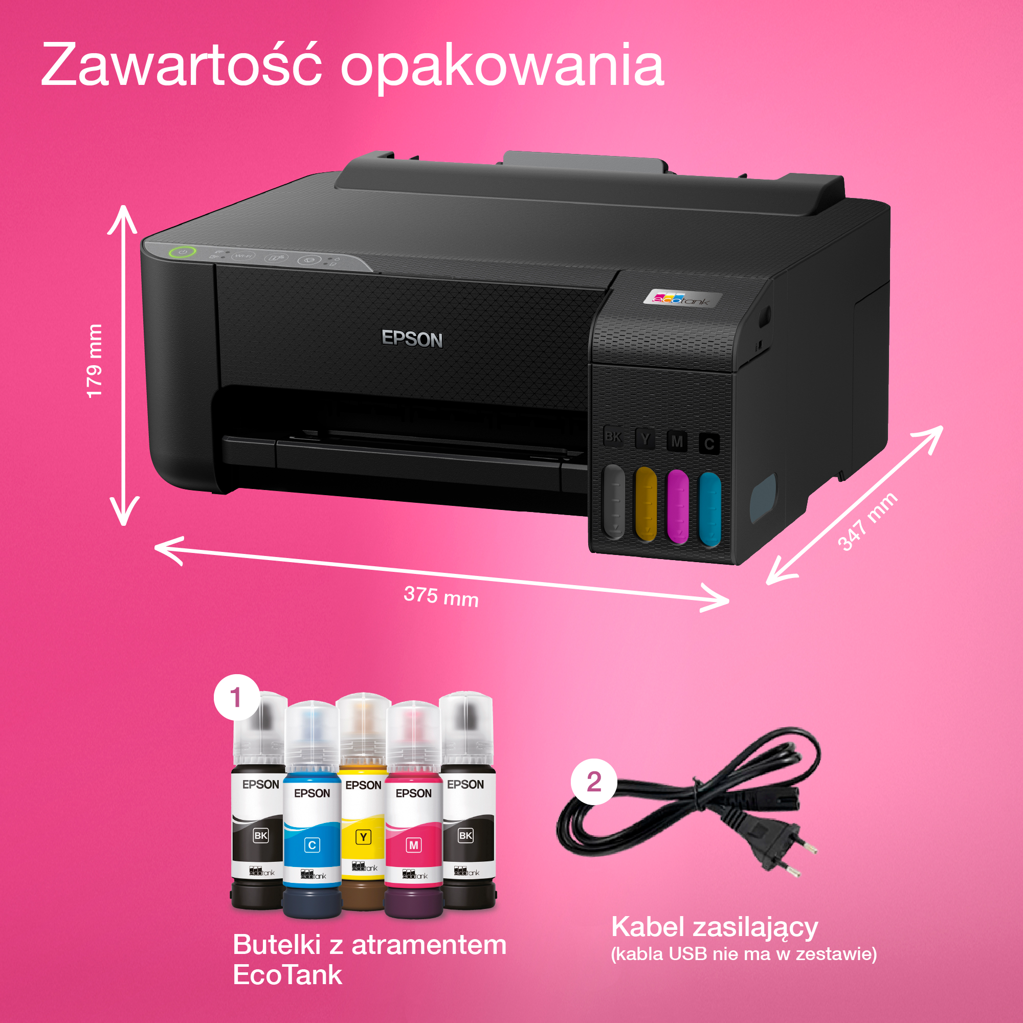 Drukarka Epson z butelkami z tuszem i przewodem zasilającym, ze strzałkami i wymiarami na różowym tle.