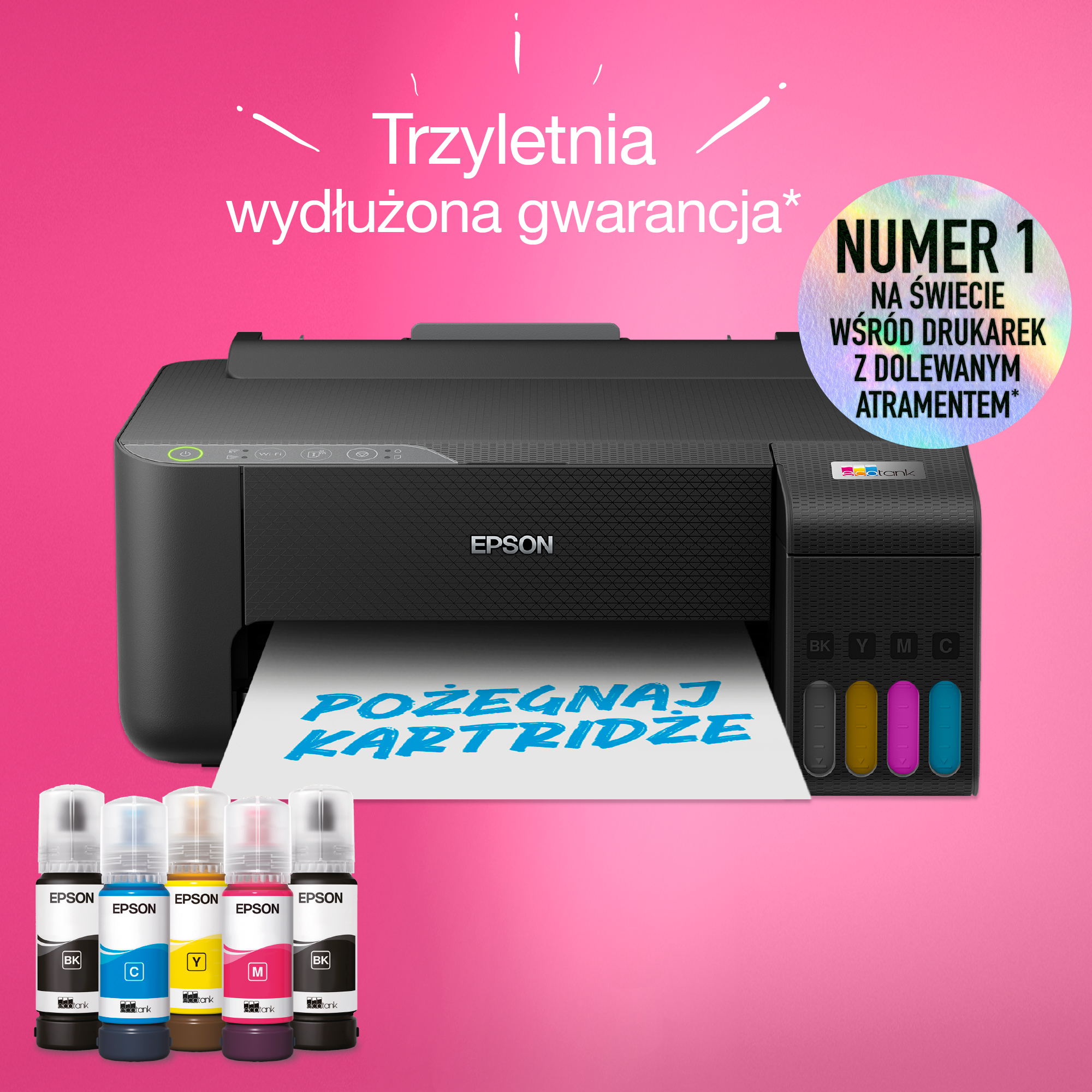 Czarna drukarka Epson z wkładami atramentowymi i tekstem promocyjnym na różowym tle.