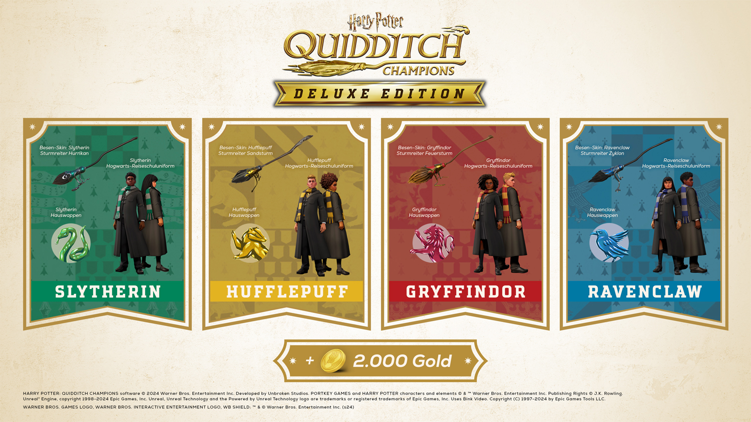 Harry Potter Quidditch Champions Deluxe Edition avec quatre uniformes et personnages de maison.