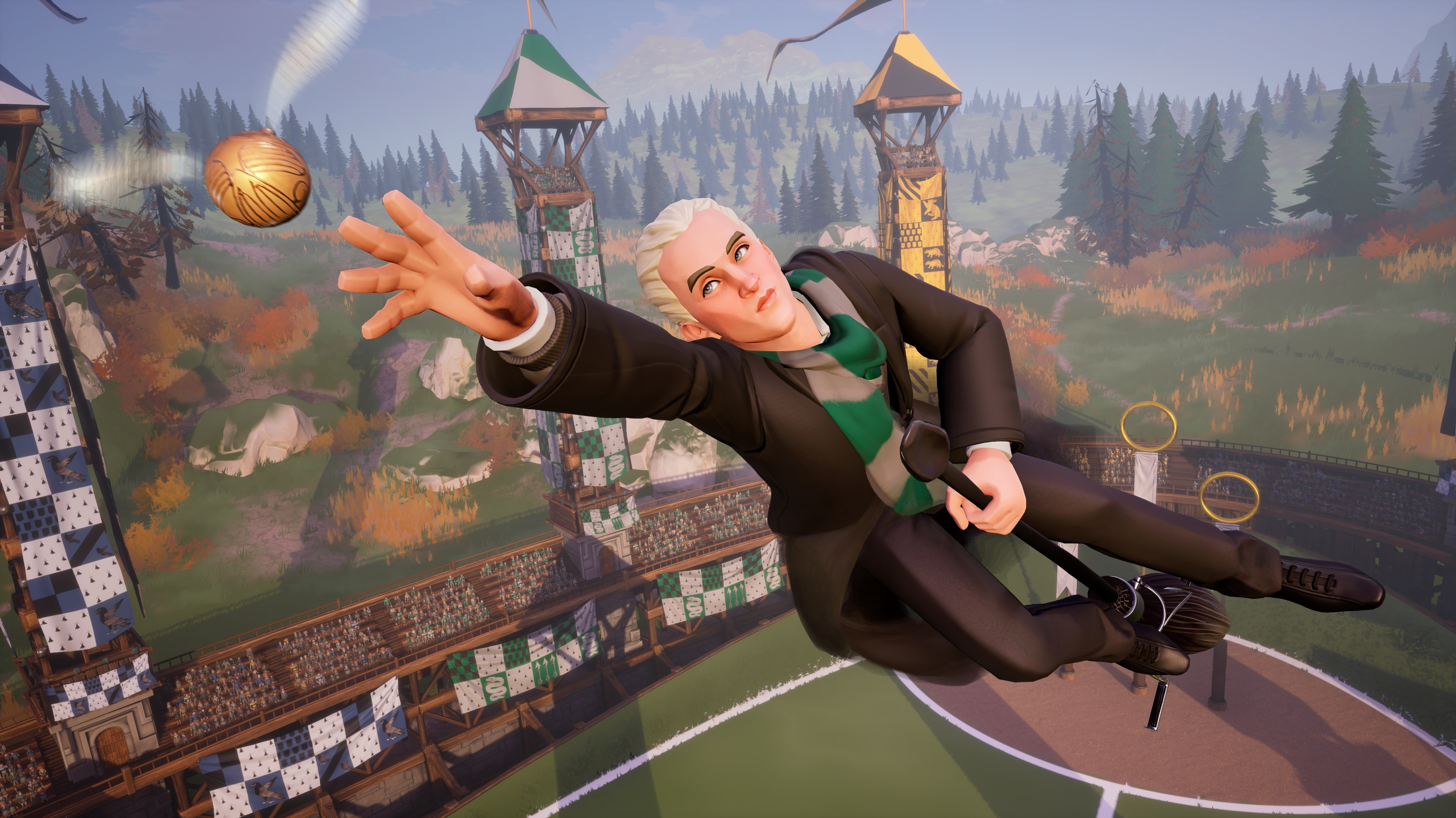 Une personne sur un balai jouant au Quidditch. Le vif d'or vole près du joueur.