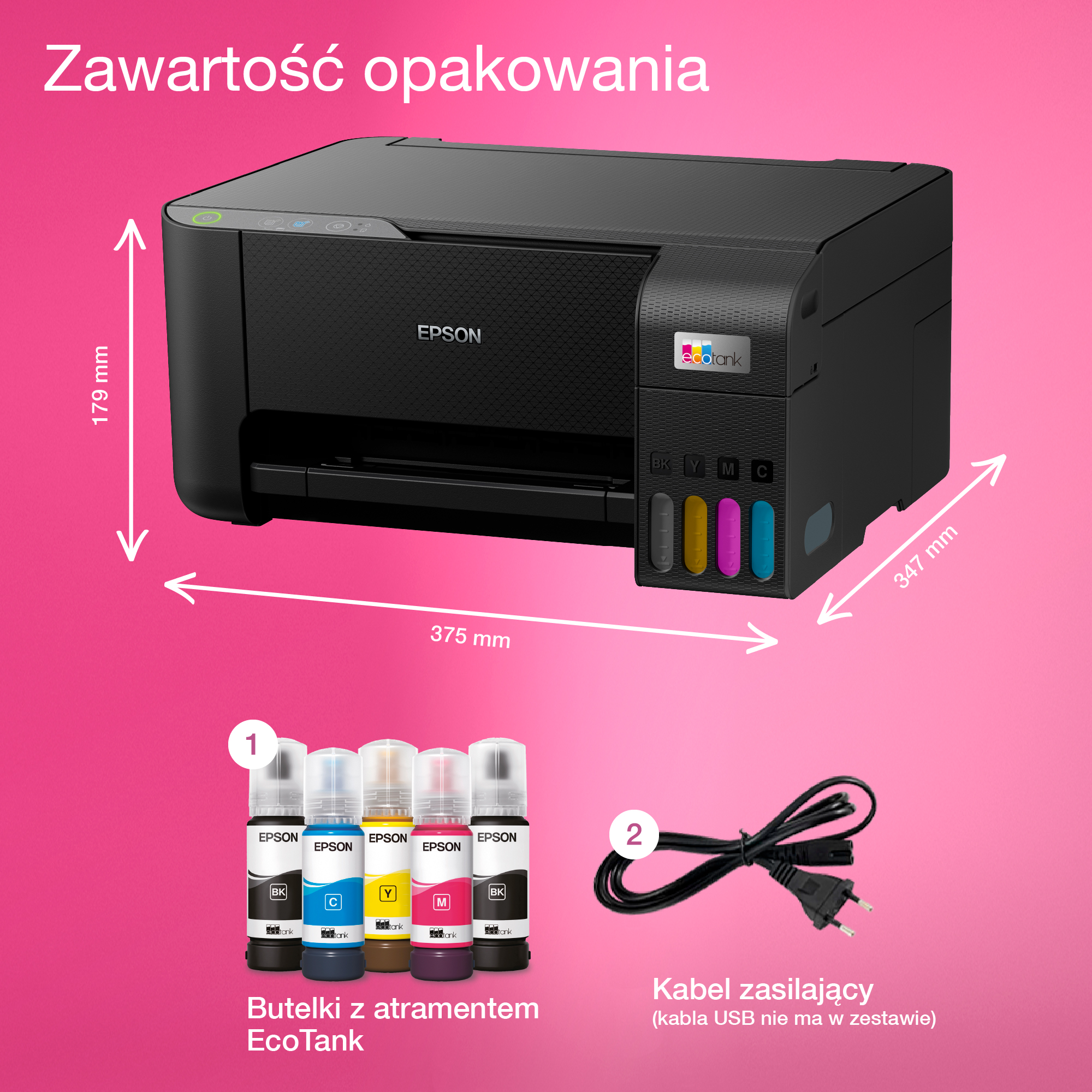 Drukarka Epson z butelkami z tuszem i kablem zasilającym, wymiary i tekst po polsku.