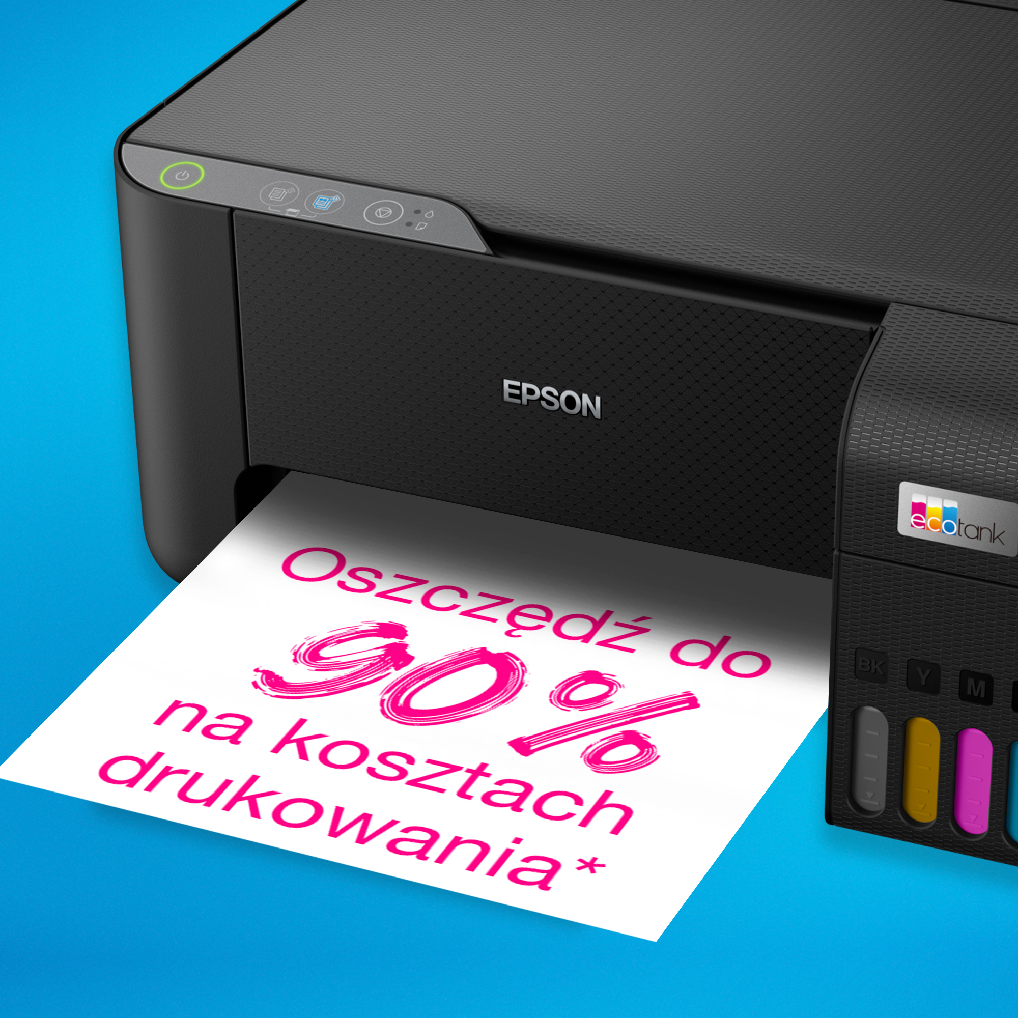 Drukarka Epson drukująca papier z dużym różowym tekstem. Pokazano wkłady atramentowe.
