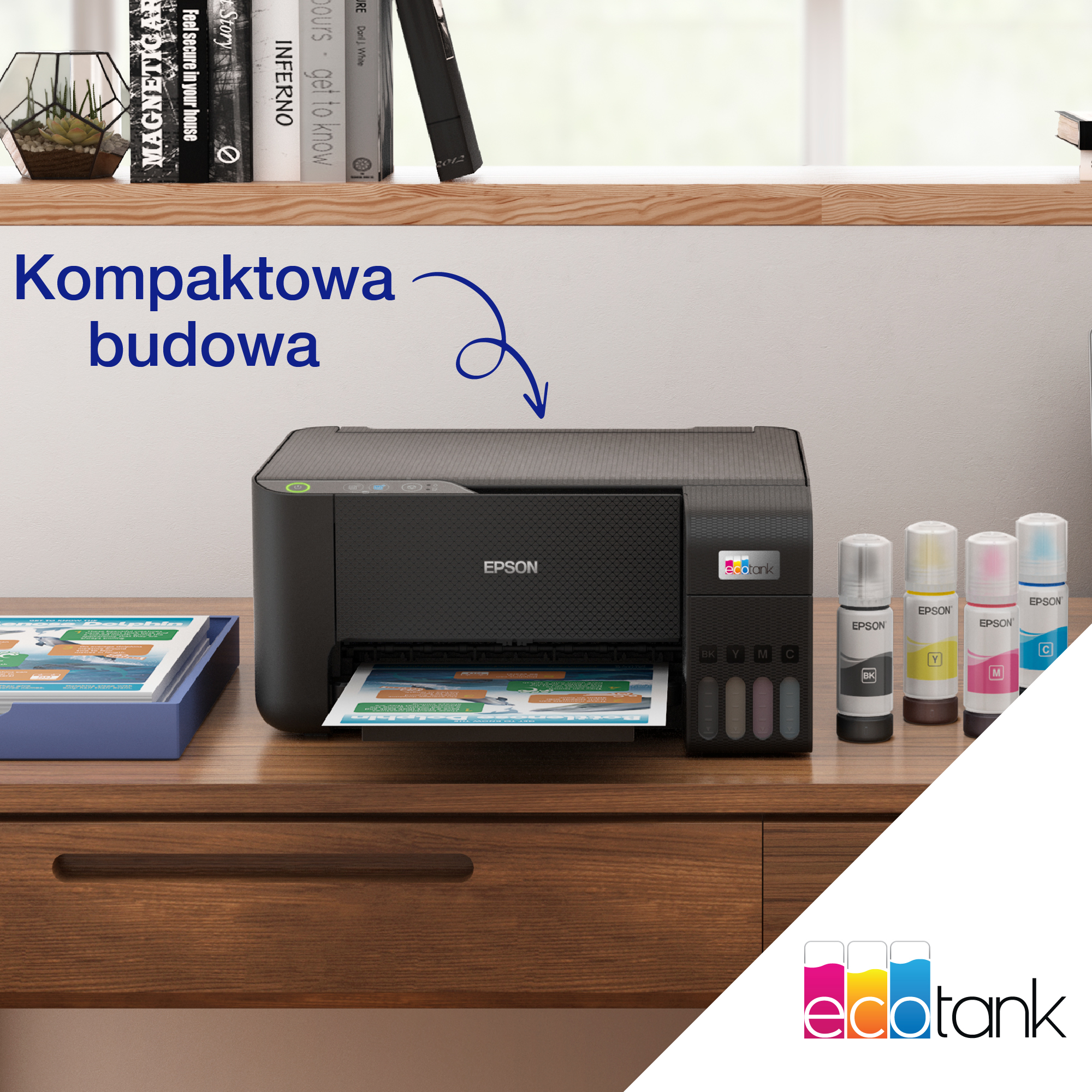 Drukarka Epson z butelkami z tuszem i drewnianą szafką.